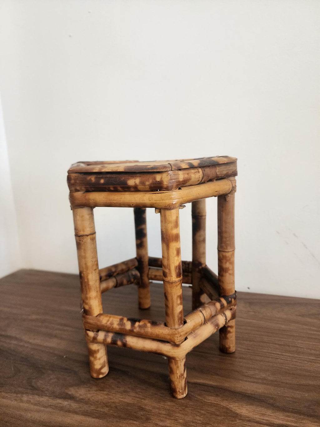 Vintage Tortoise Shell Bamboo Stool, Japanese Burnt Bamboo Riser, Wabi Sabi Display Stand, Organic Modern Boho Home Decor