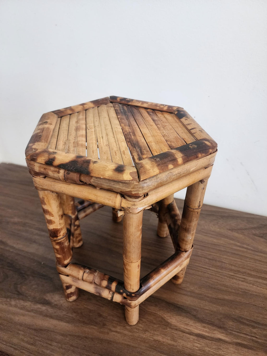 Vintage Tortoise Shell Bamboo Stool, Japanese Burnt Bamboo Riser, Wabi Sabi Display Stand, Organic Modern Boho Home Decor