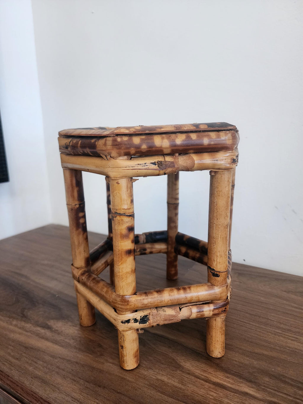 Vintage Tortoise Shell Bamboo Stool, Japanese Burnt Bamboo Riser, Wabi Sabi Display Stand, Organic Modern Boho Home Decor