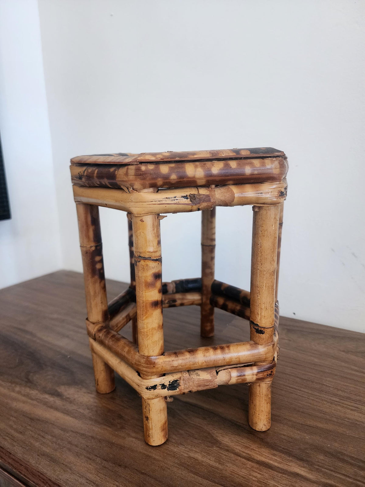 Vintage Tortoise Shell Bamboo Stool, Japanese Burnt Bamboo Riser, Wabi Sabi Display Stand, Organic Modern Boho Home Decor