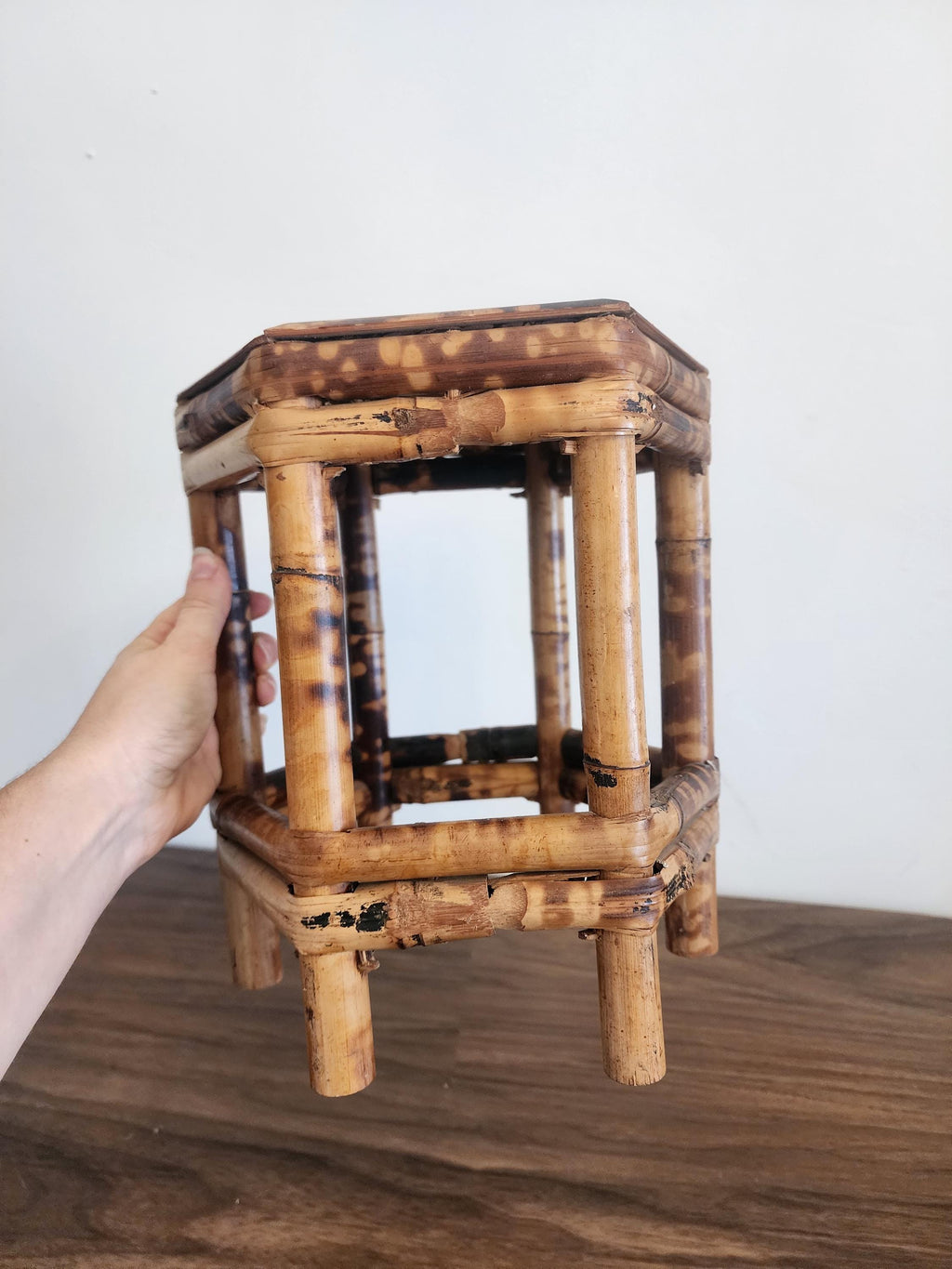 Vintage Tortoise Shell Bamboo Stool, Japanese Burnt Bamboo Riser, Wabi Sabi Display Stand, Organic Modern Boho Home Decor