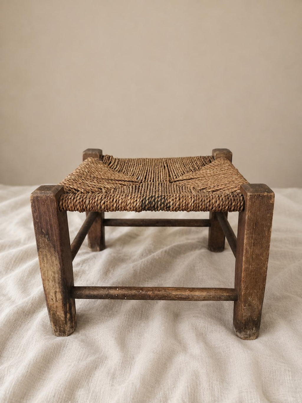 Rustic Woven Stool, Vintage Wood Footstool, Small Farmhouse Stool, Natural Wicker Seat, Country Cottage Decor