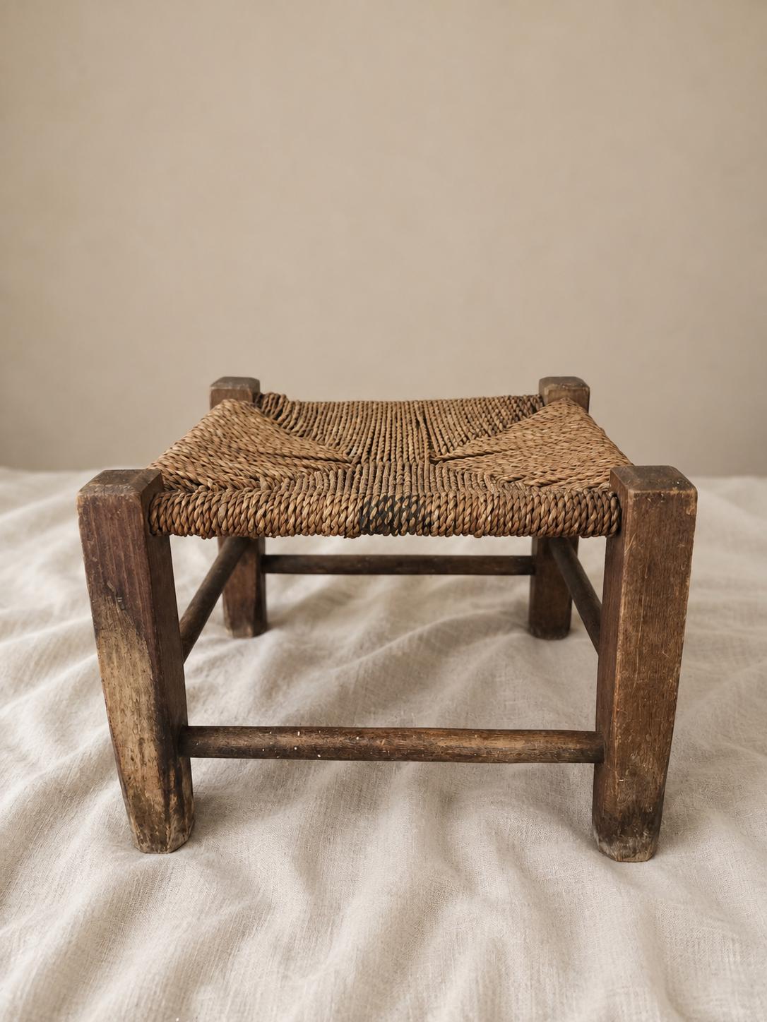 Rustic Woven Stool, Vintage Wood Footstool, Small Farmhouse Stool, Natural Wicker Seat, Country Cottage Decor