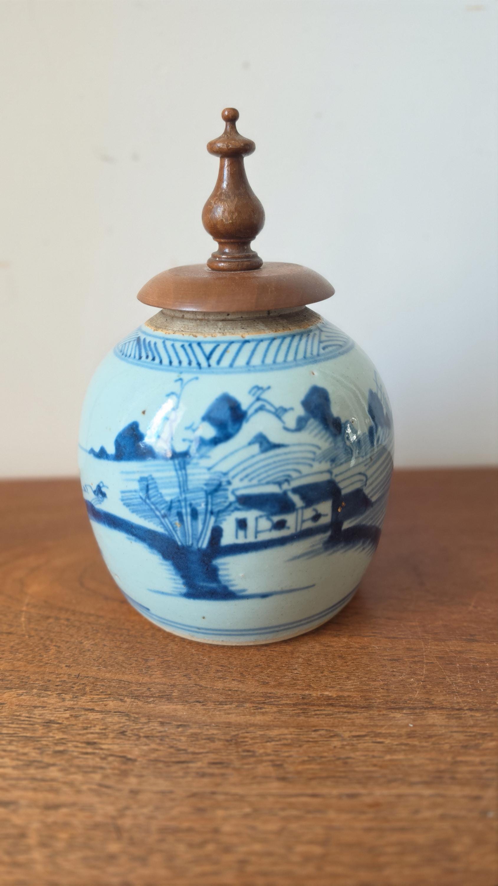 19th Century Qing Dynasty Ginger Jar Blue & White Chinese Porcelain Antique Tea Caddy Covered Jar Chinoiserie Decor