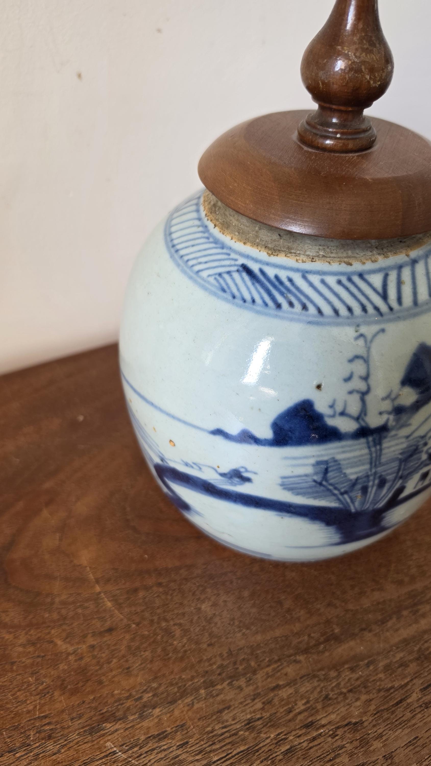 19th Century Qing Dynasty Ginger Jar Blue & White Chinese Porcelain Antique Tea Caddy Covered Jar Chinoiserie Decor