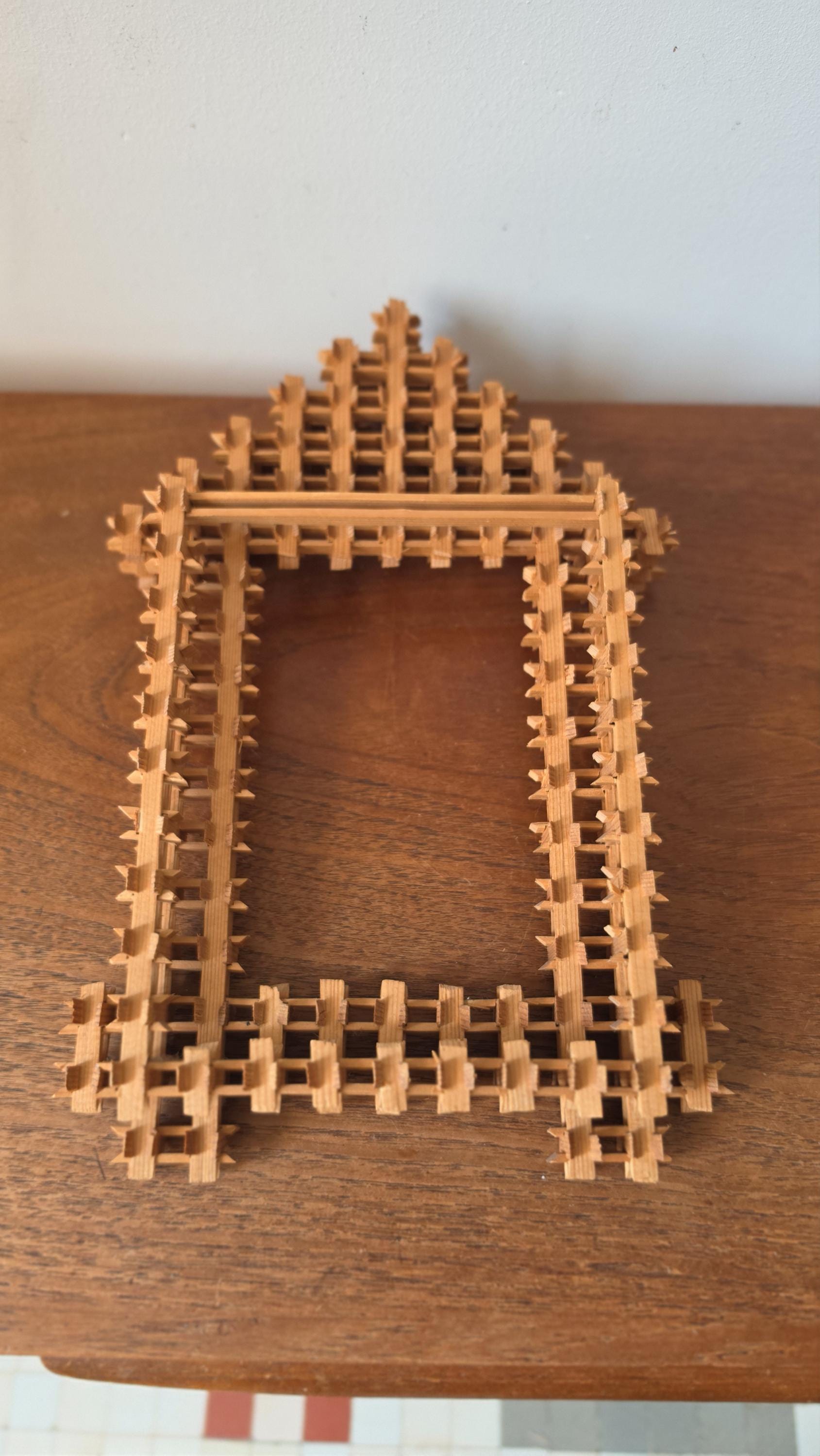 Vintage Tramp Art Mirror Frame Folk Art Wooden Frame Cabin Decor Black Forest Style Rustic Hand Carved Picture Frame