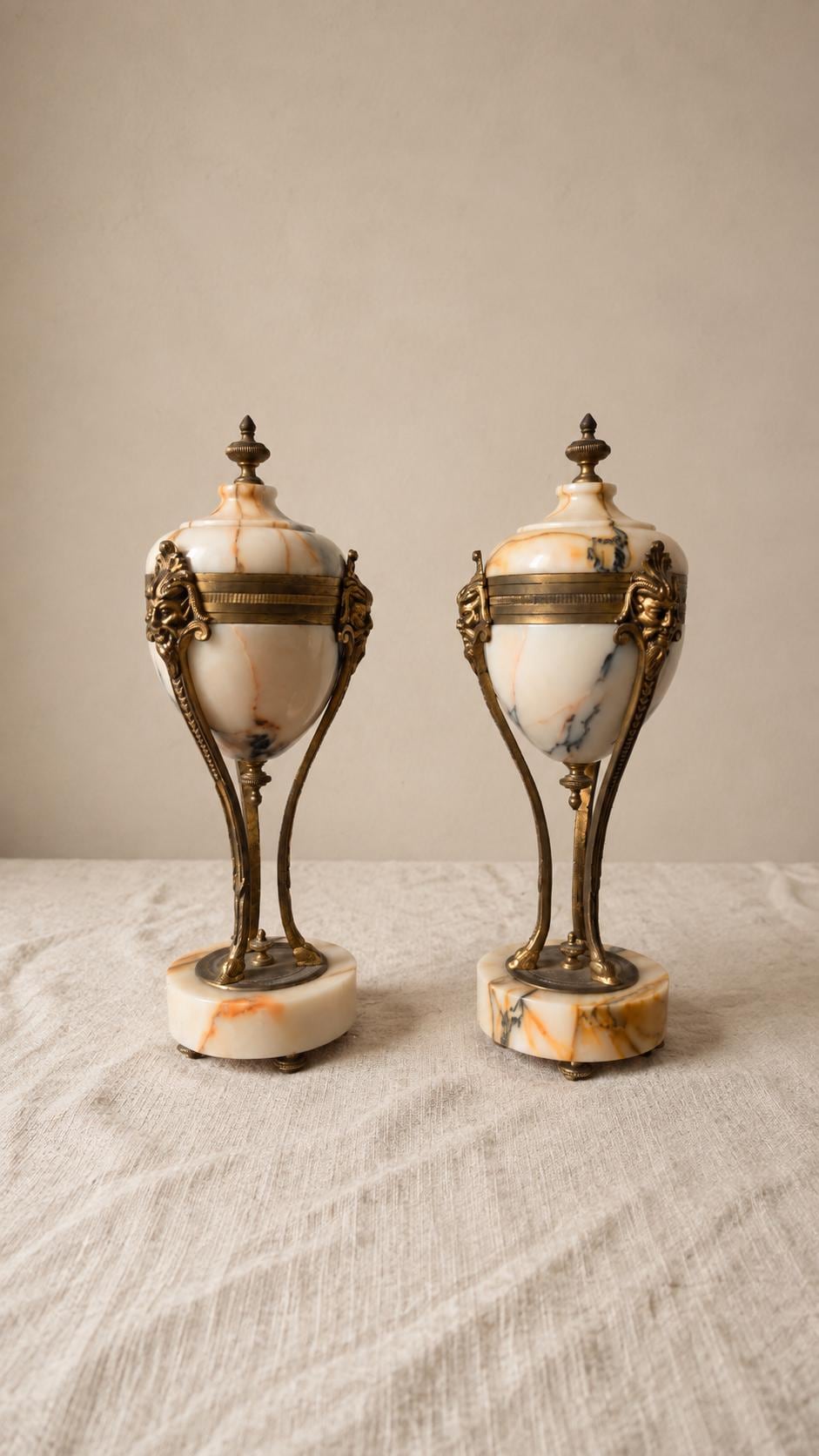 Pair Antique French Marble & Bronze Urns Neoclassical Cassolettes Empire Garniture Mantel Decor Lidded Decorative Urns