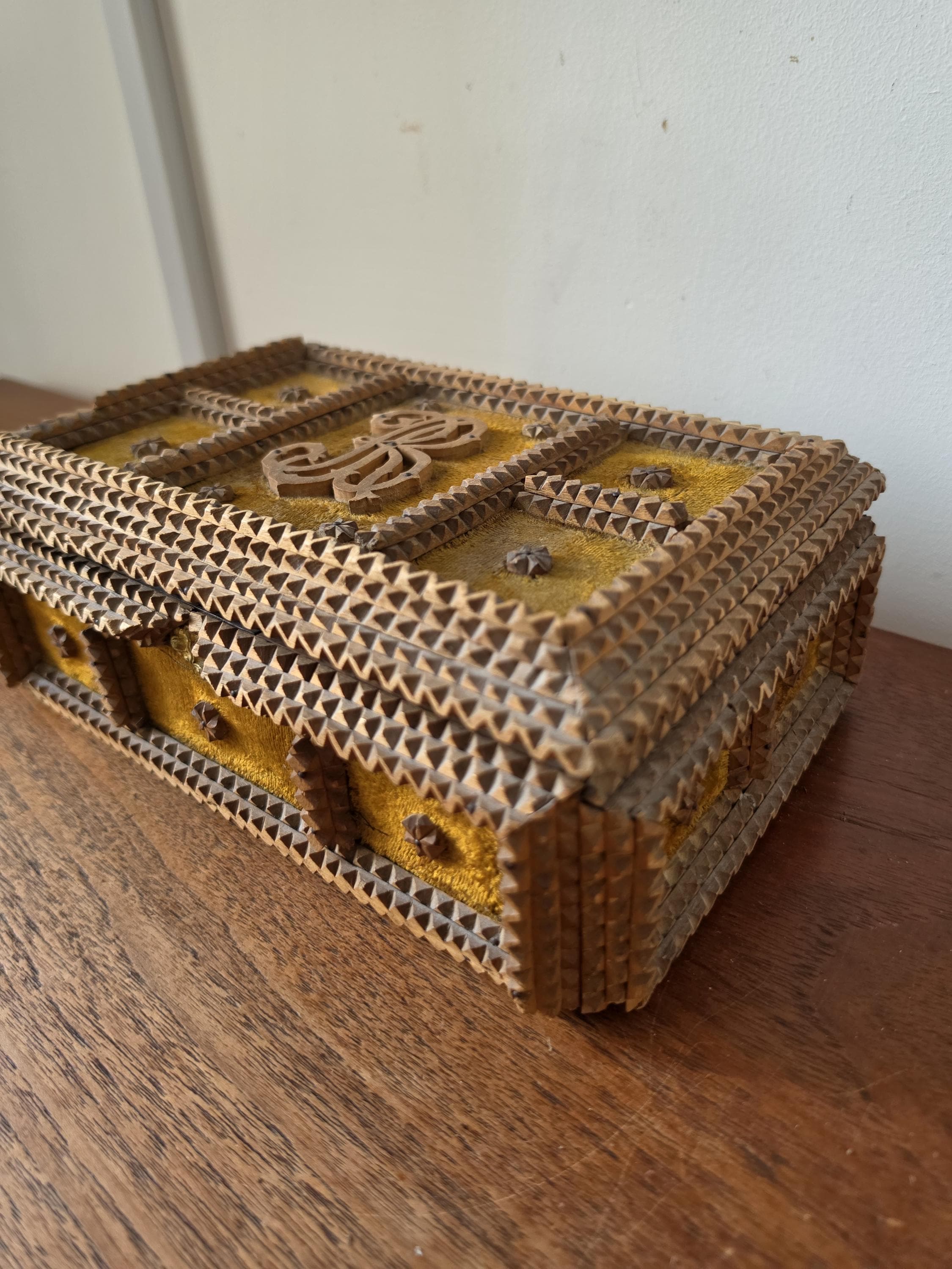 Antique Tramp Art Box Hand Carved Folk Art Keepsake Box Monogram R Velvet Jewelry Box Primitive Wooden Storage Decor