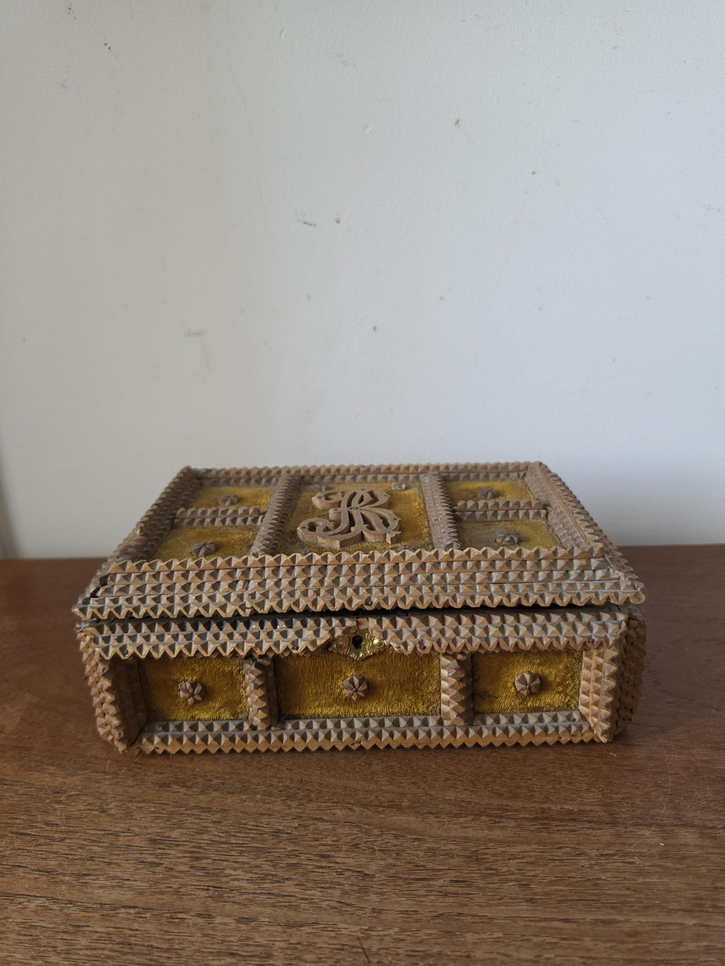 Antique Tramp Art Box Hand Carved Folk Art Keepsake Box Monogram R Velvet Jewelry Box Primitive Wooden Storage Decor