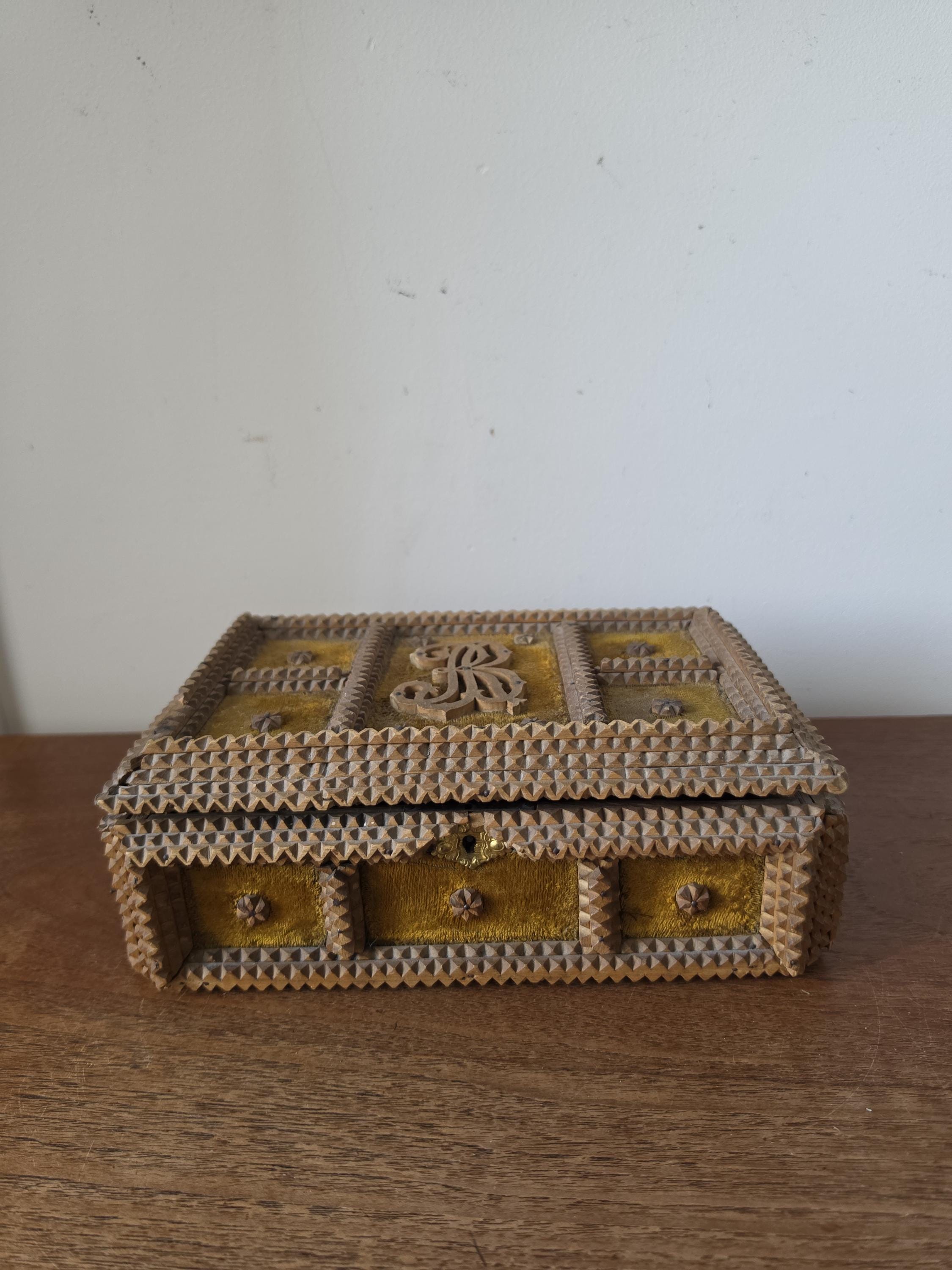 Antique Tramp Art Box Hand Carved Folk Art Keepsake Box Monogram R Velvet Jewelry Box Primitive Wooden Storage Decor