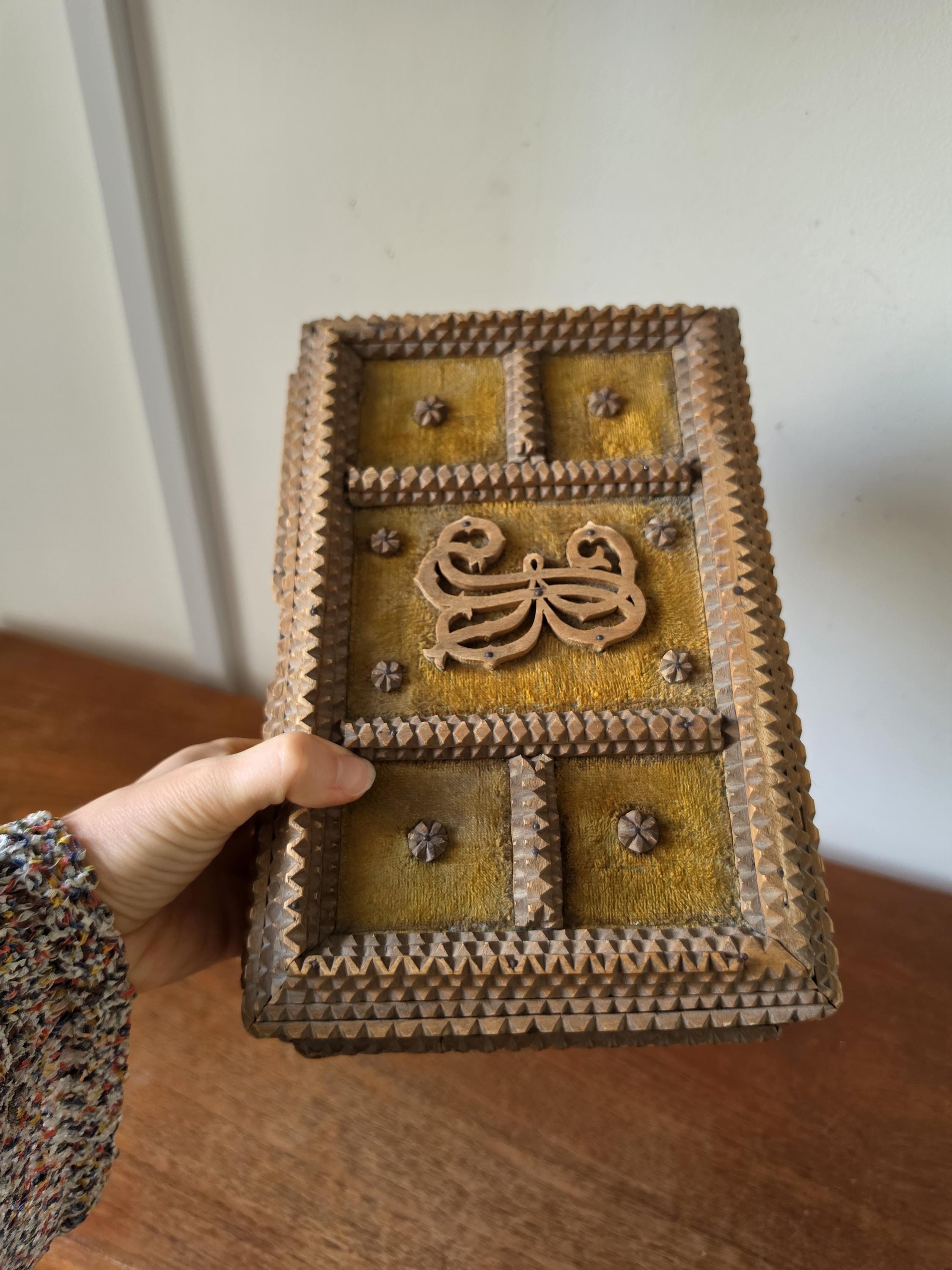 Antique Tramp Art Box Hand Carved Folk Art Keepsake Box Monogram R Velvet Jewelry Box Primitive Wooden Storage Decor
