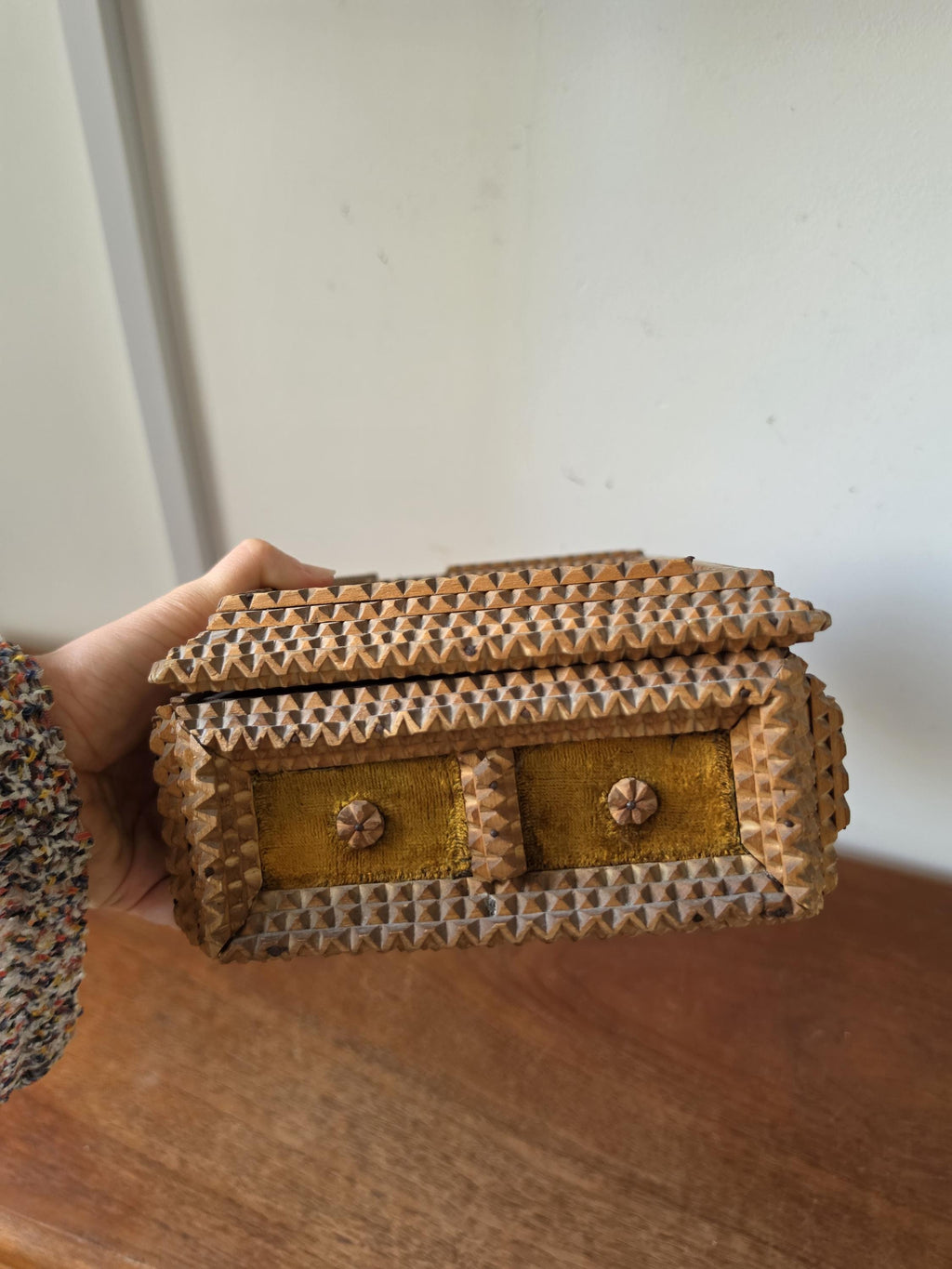 Antique Tramp Art Box Hand Carved Folk Art Keepsake Box Monogram R Velvet Jewelry Box Primitive Wooden Storage Decor