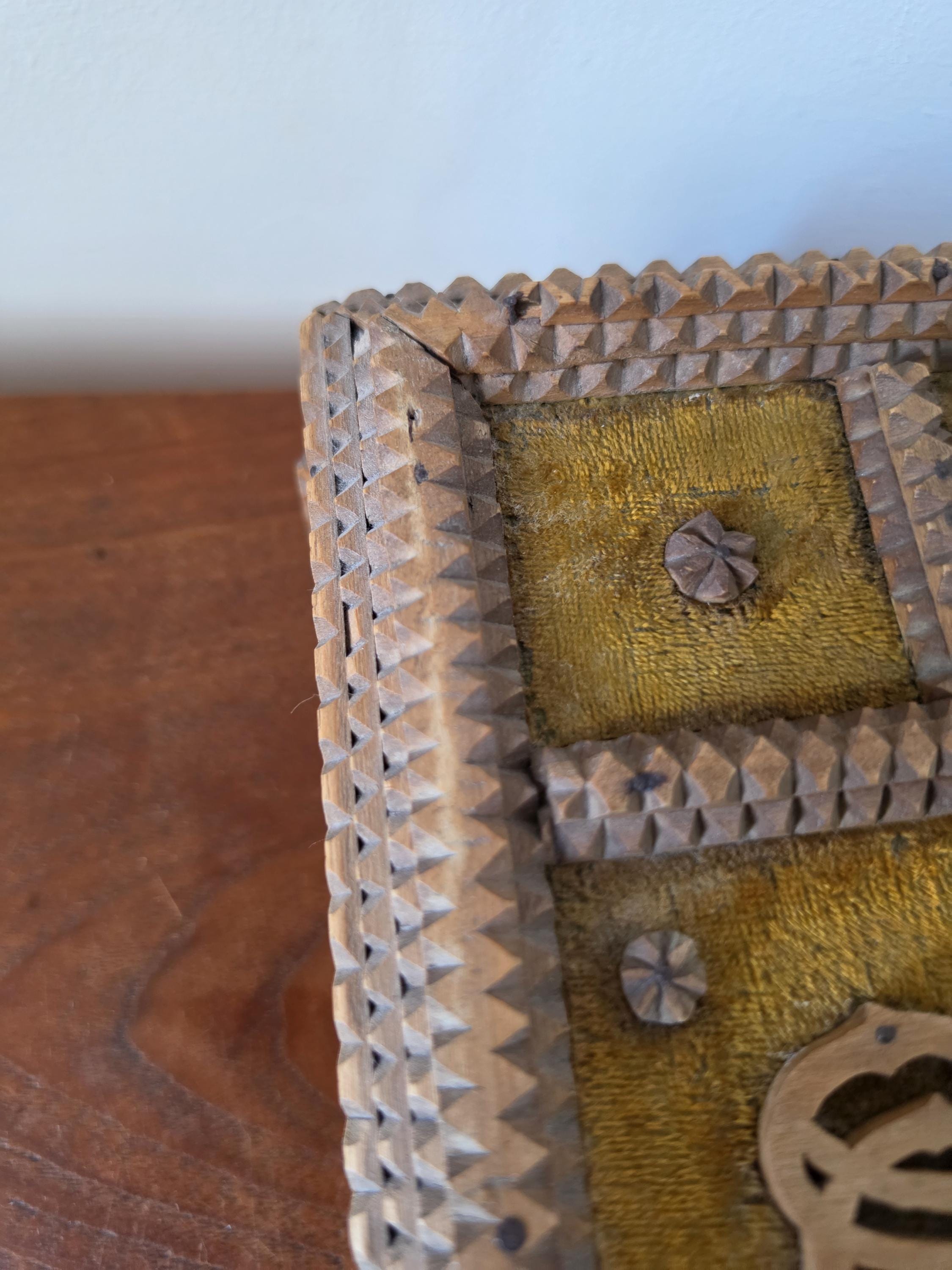 Antique Tramp Art Box Hand Carved Folk Art Keepsake Box Monogram R Velvet Jewelry Box Primitive Wooden Storage Decor