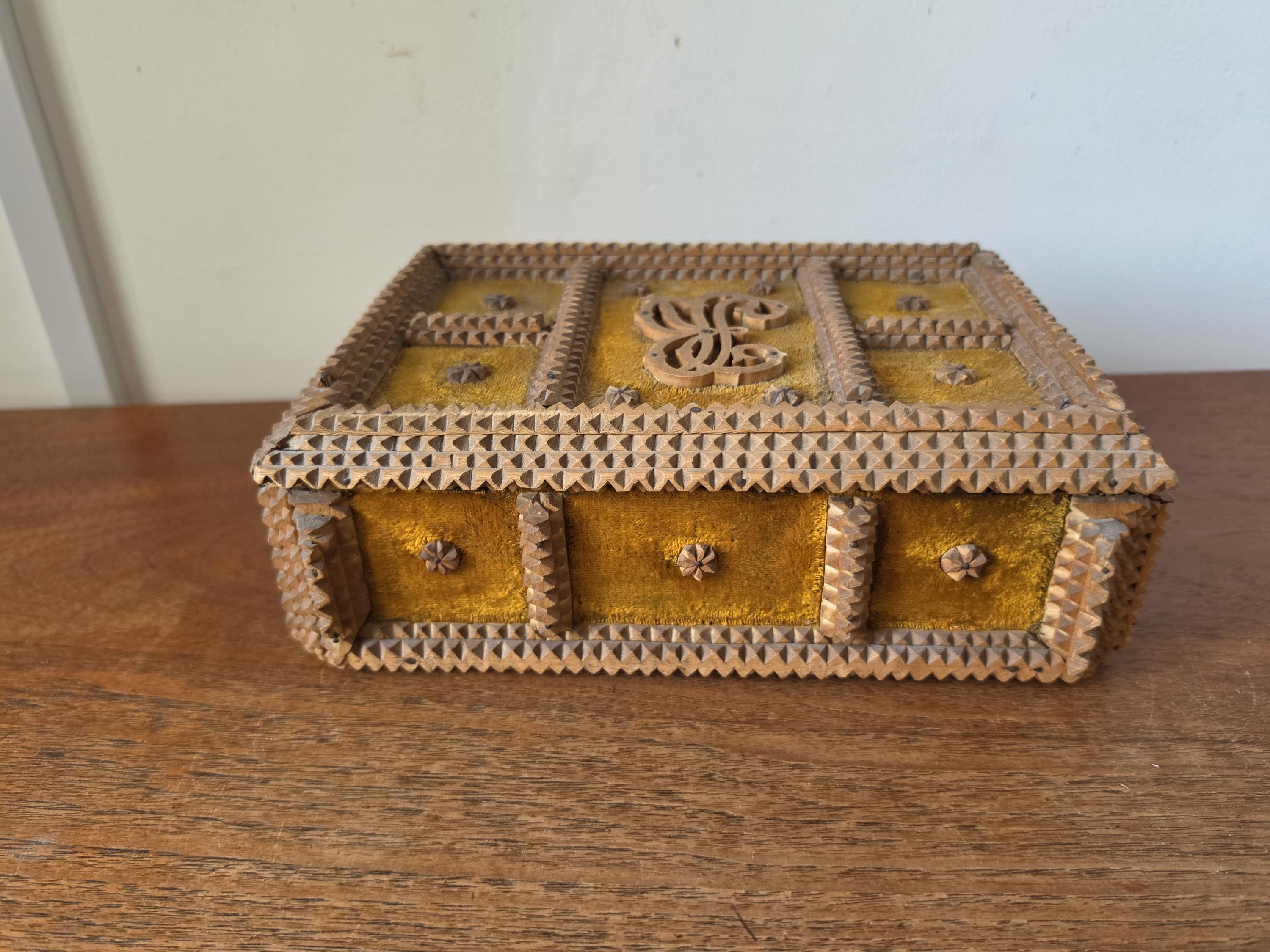 Antique Tramp Art Box Hand Carved Folk Art Keepsake Box Monogram R Velvet Jewelry Box Primitive Wooden Storage Decor