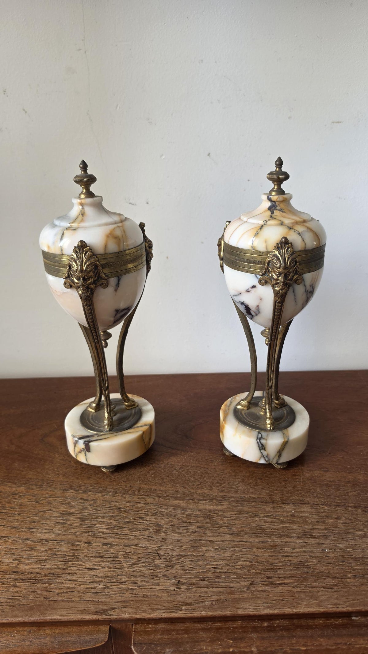 Pair Antique French Marble & Bronze Urns Neoclassical Cassolettes Empire Garniture Mantel Decor Lidded Decorative Urns