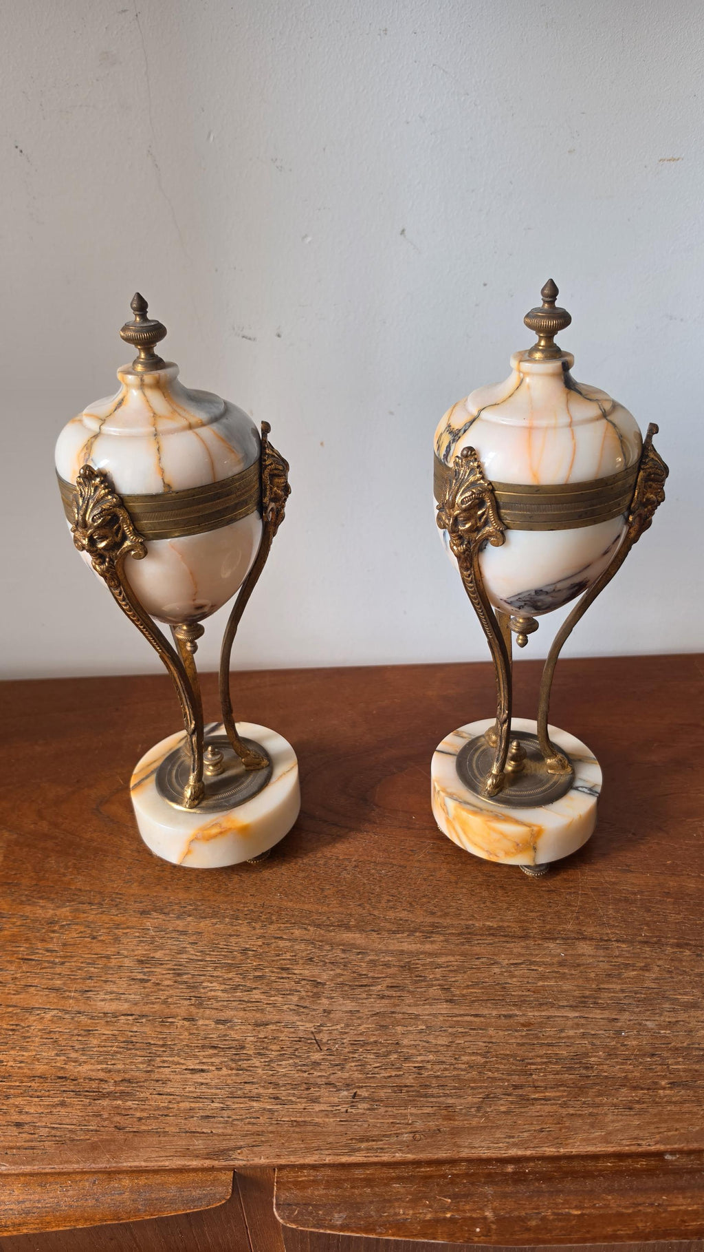 Pair Antique French Marble & Bronze Urns Neoclassical Cassolettes Empire Garniture Mantel Decor Lidded Decorative Urns