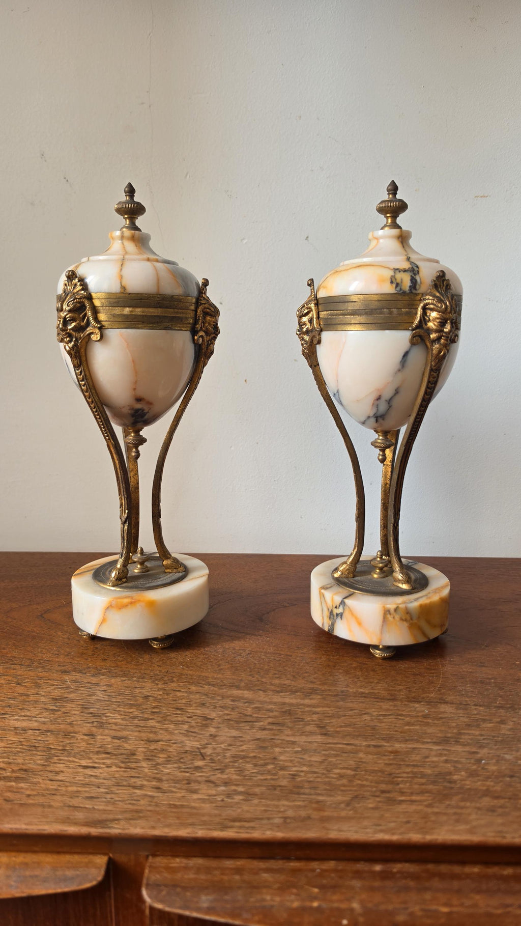 Pair Antique French Marble & Bronze Urns Neoclassical Cassolettes Empire Garniture Mantel Decor Lidded Decorative Urns