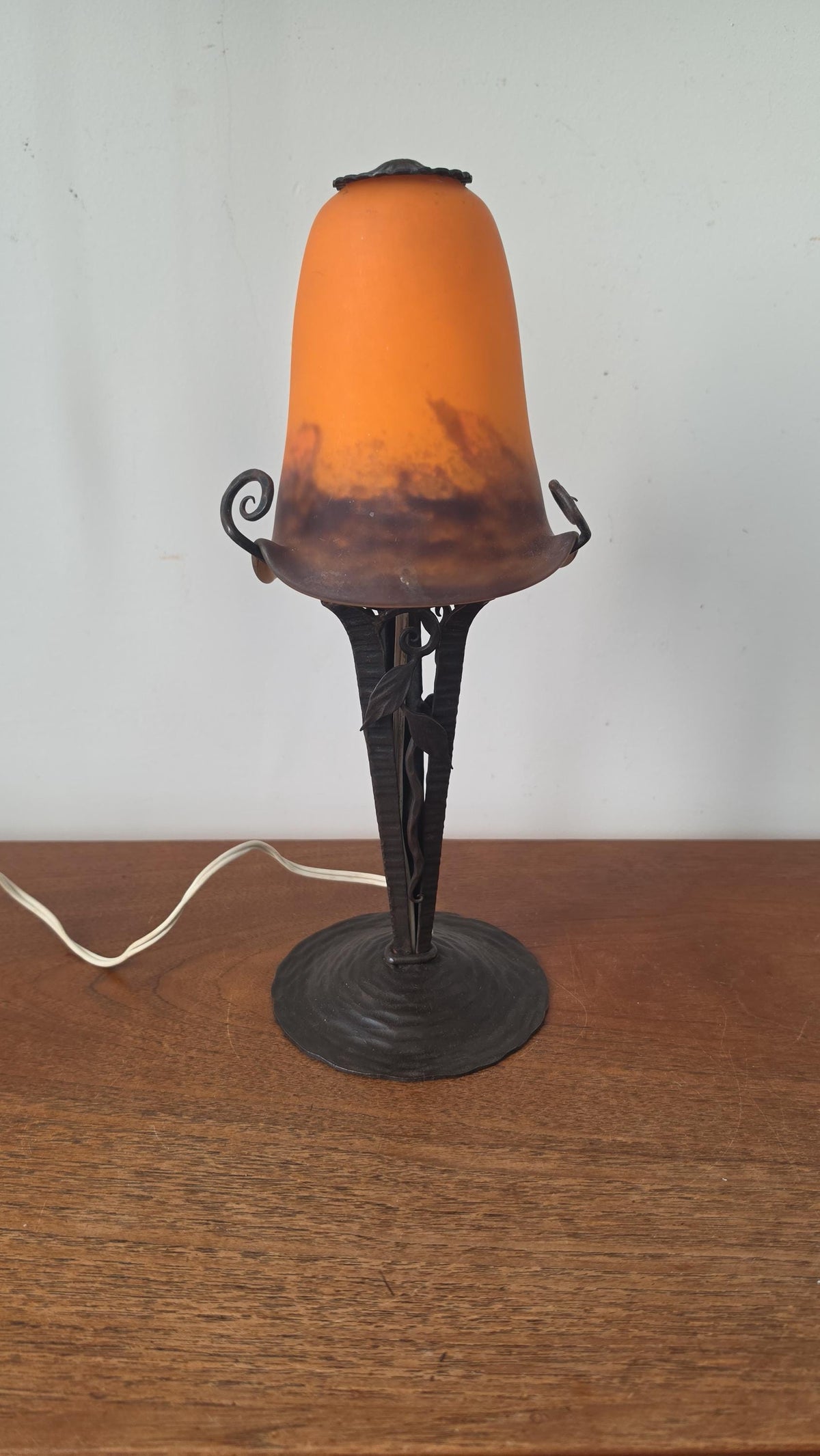 Degué Art Deco Table Lamp 1930s Signed French Glass Wrought Iron Orange Accent Light Antique French Lighting