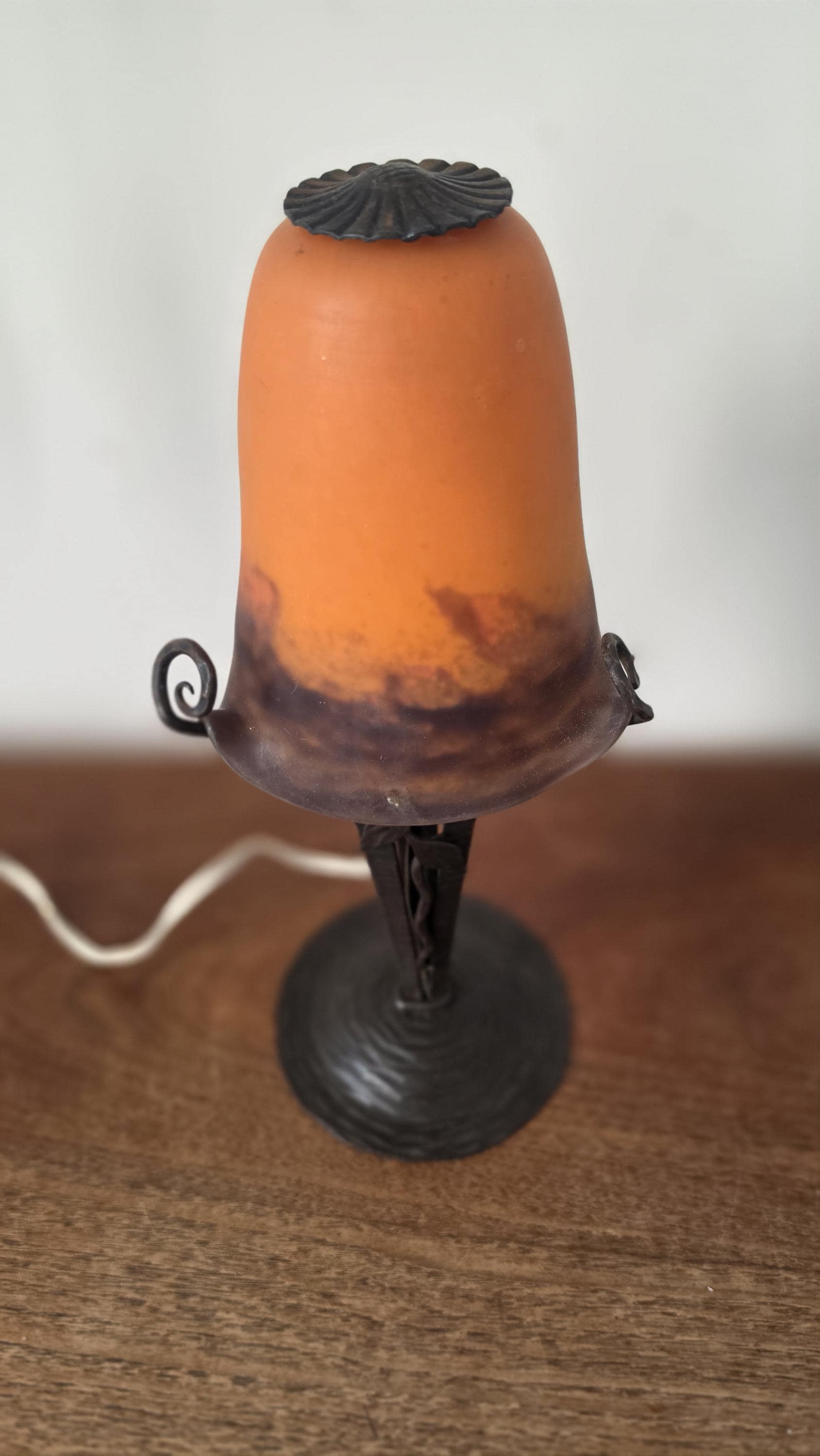 Degué Art Deco Table Lamp 1930s Signed French Glass Wrought Iron Orange Accent Light Antique French Lighting