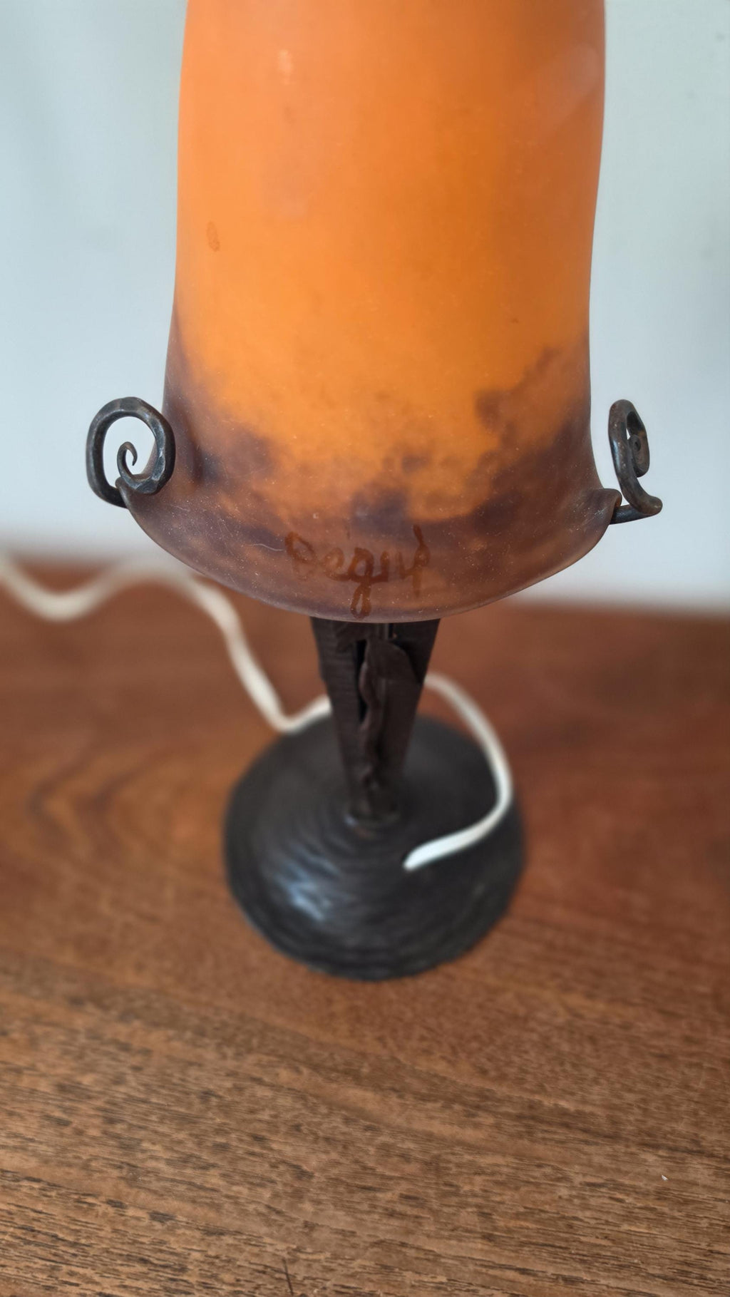 Degué Art Deco Table Lamp 1930s Signed French Glass Wrought Iron Orange Accent Light Antique French Lighting