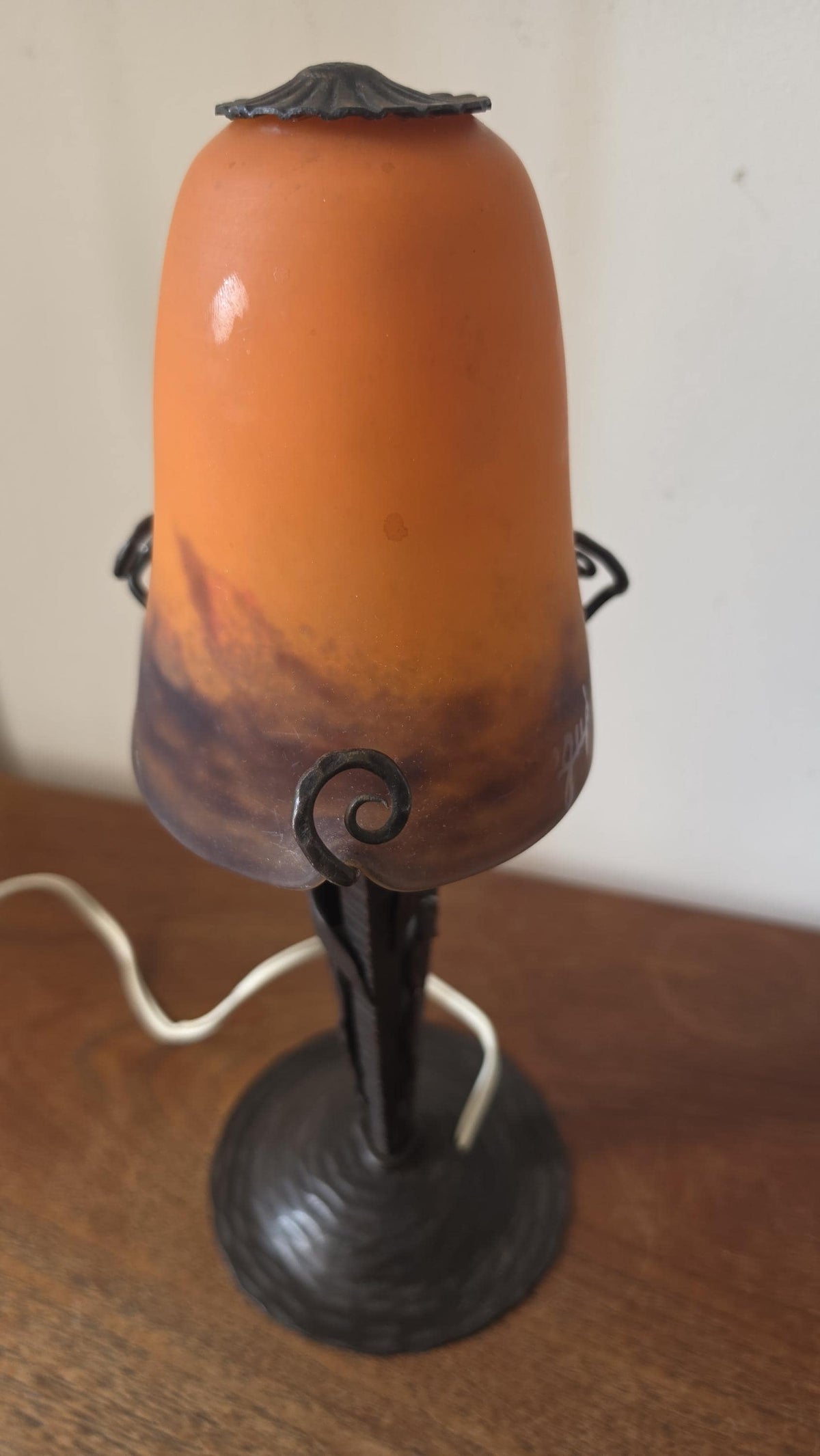 Degué Art Deco Table Lamp 1930s Signed French Glass Wrought Iron Orange Accent Light Antique French Lighting
