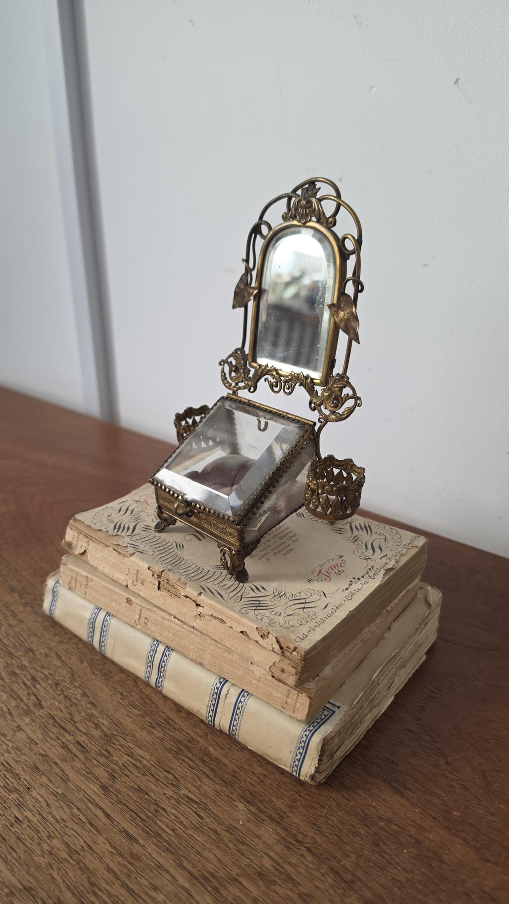 Vintage Ormolu Jewelry Casket with Mirror Brass Filigree Glass Trinket Box French Style Vanity Display Jewelry Box