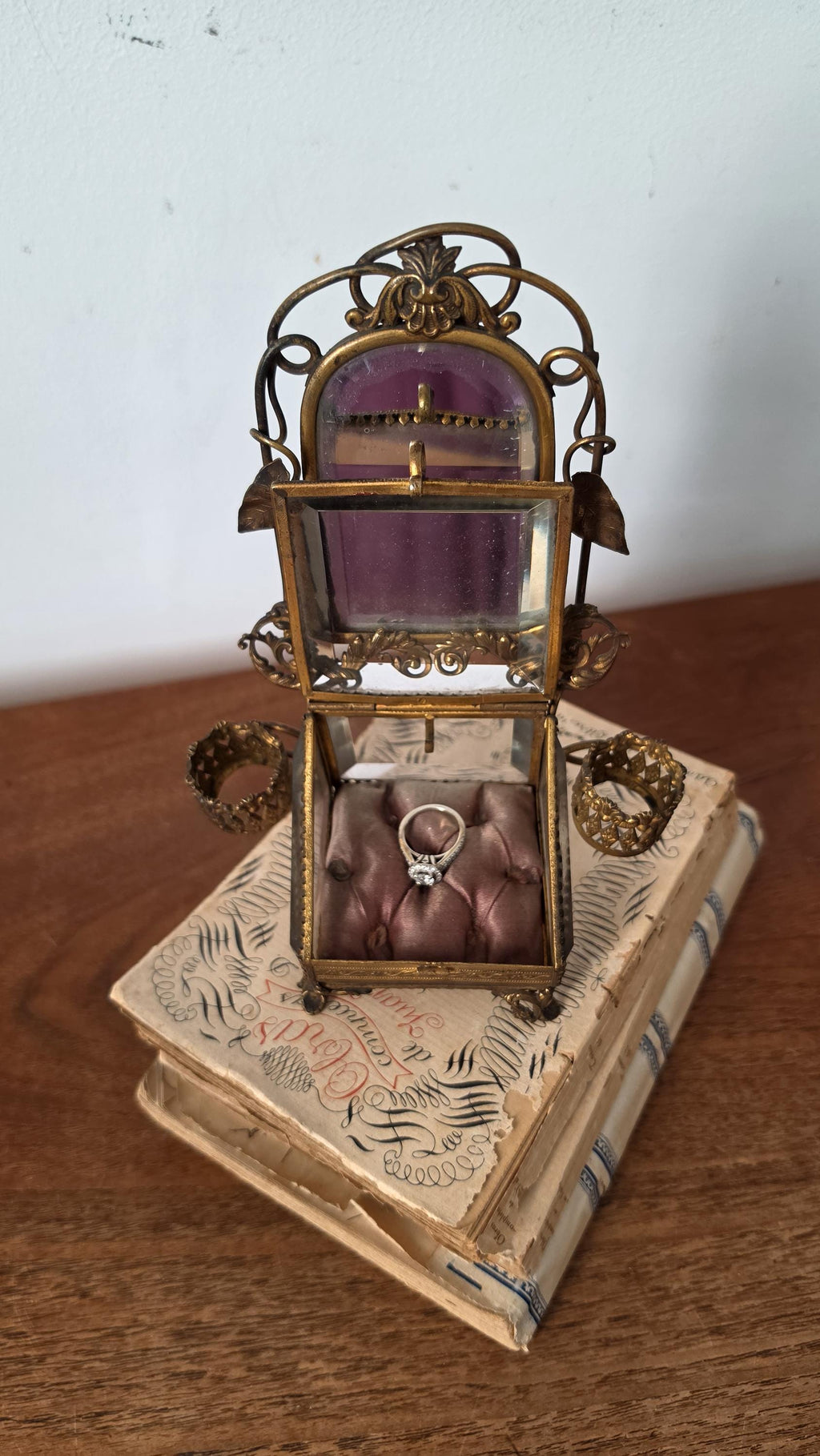 Vintage Ormolu Jewelry Casket with Mirror Brass Filigree Glass Trinket Box French Style Vanity Display Jewelry Box