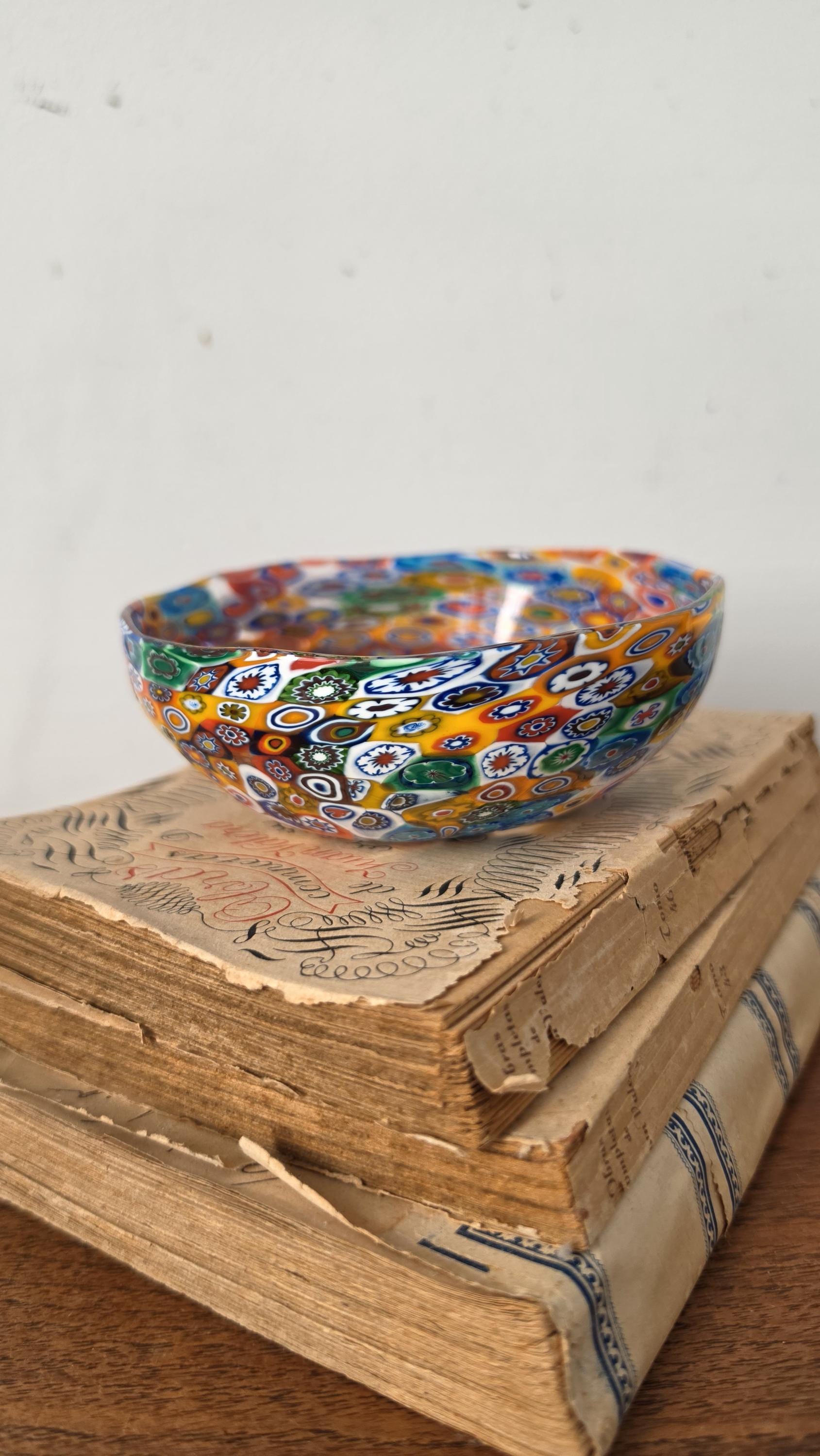 Vintage Murano Millefiori Art Glass Bowl Italian Hand Blown Multicolor Mosaic Candy Dish Trinket Bowl Murrine Decor