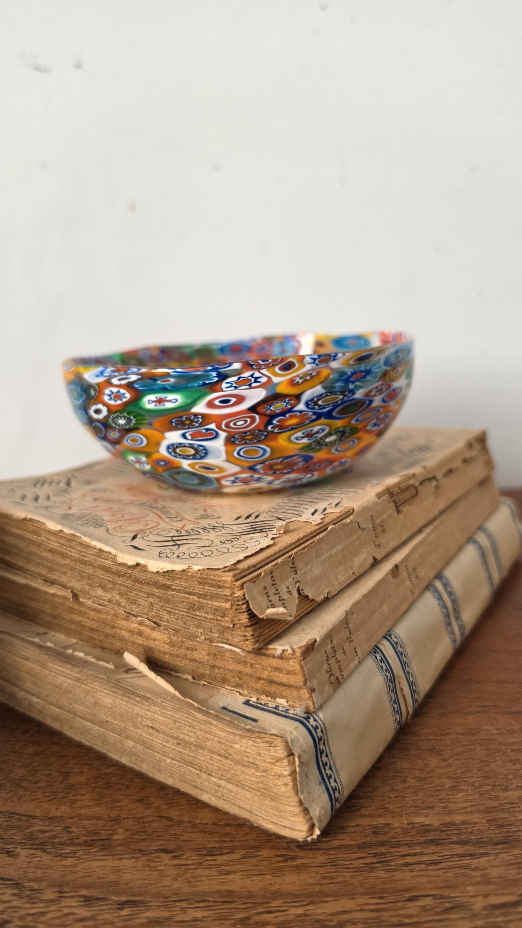 Vintage Murano Millefiori Art Glass Bowl Italian Hand Blown Multicolor Mosaic Candy Dish Trinket Bowl Murrine Decor