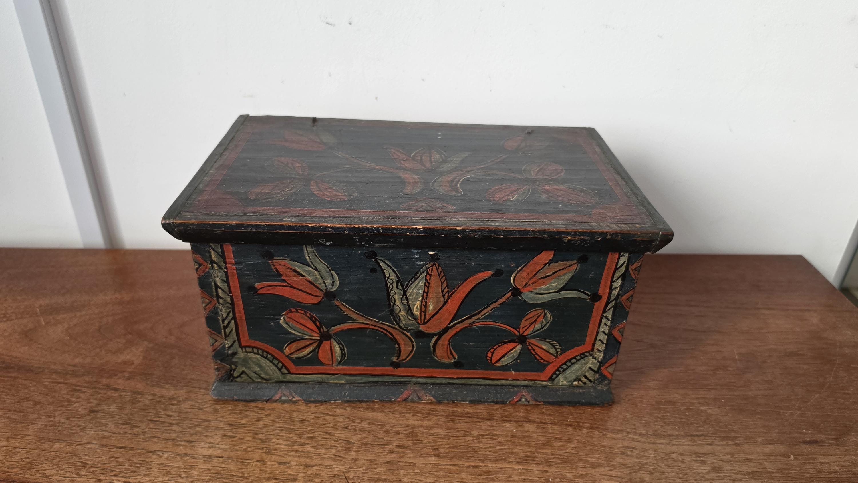 18th Century Folk Art Painted Wooden Box Antique Hand Painted Keepsake Chest Primitive Scandinavian Storage Box