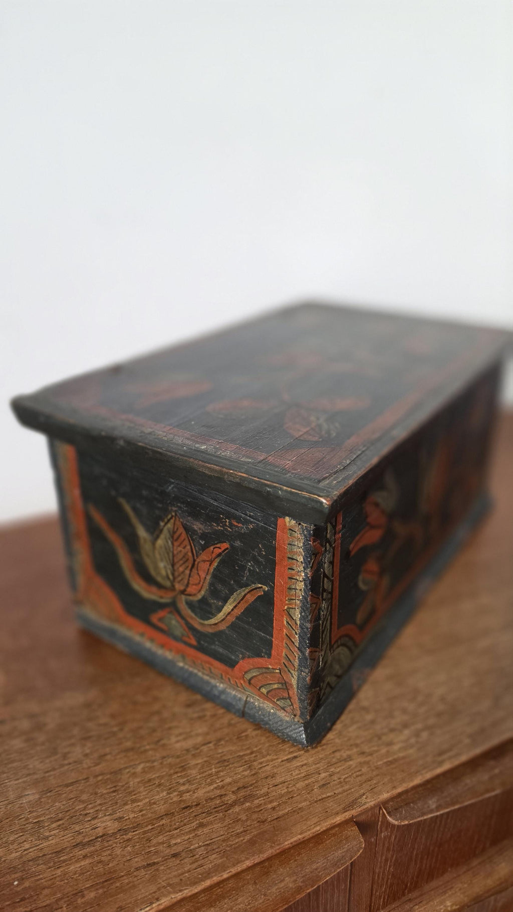 18th Century Folk Art Painted Wooden Box Antique Hand Painted Keepsake Chest Primitive Scandinavian Storage Box
