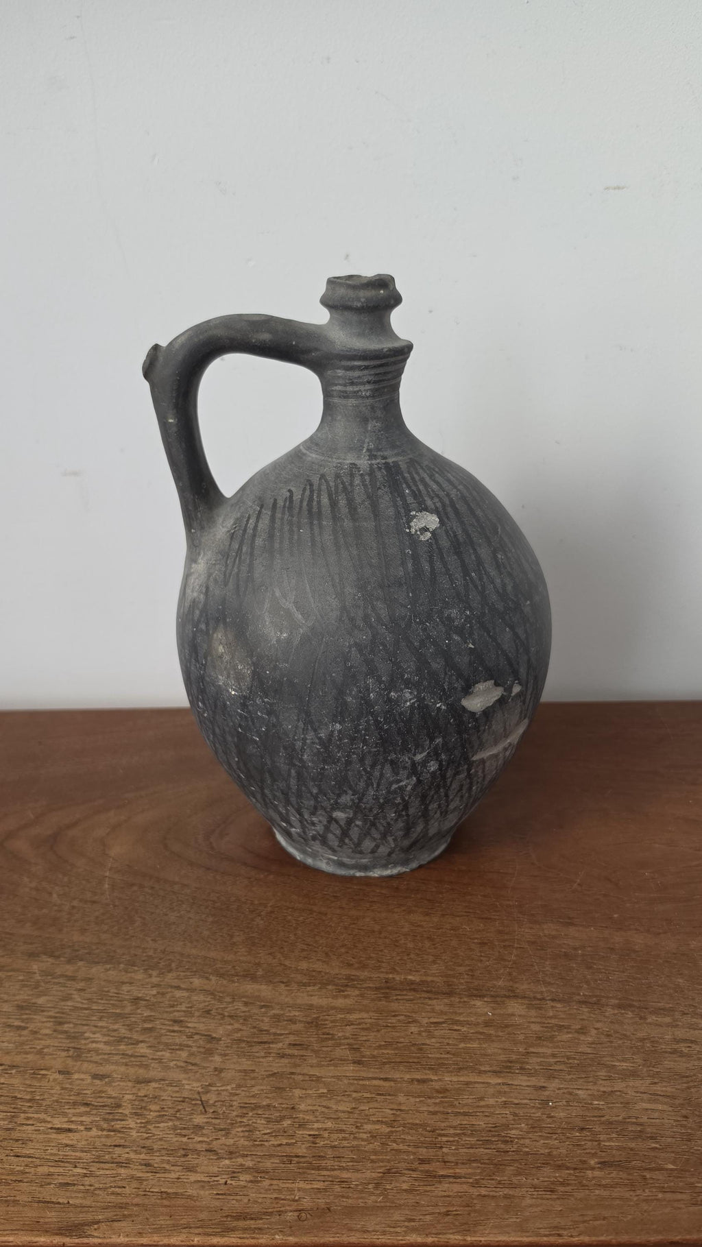 1930s Hungarian Black Pottery Jug Vase Hand Thrown Earthenware Vessel Rustic Folk Art Ceramic Pitcher Primitive Decor