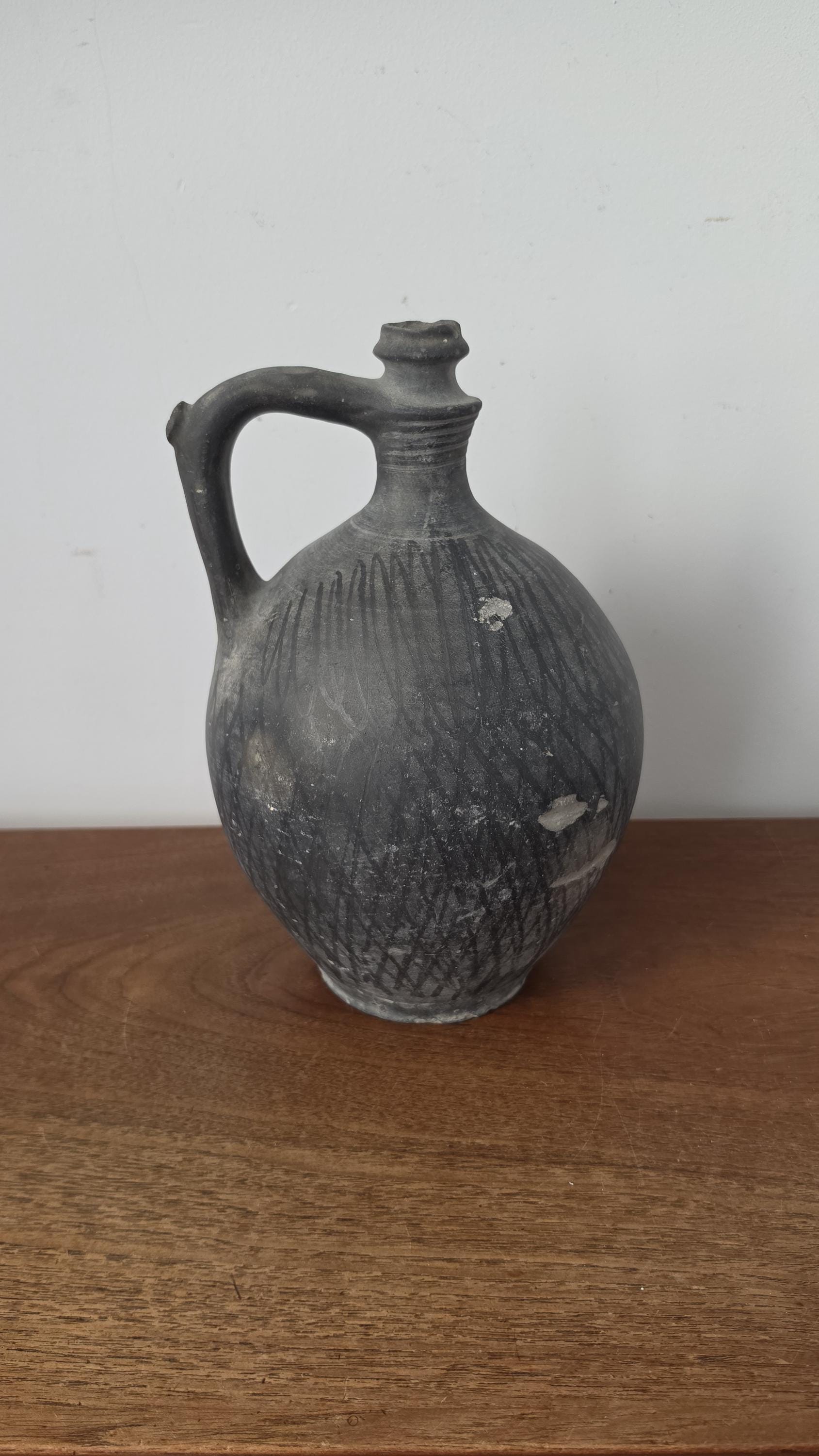 1930s Hungarian Black Pottery Jug Vase Hand Thrown Earthenware Vessel Rustic Folk Art Ceramic Pitcher Primitive Decor