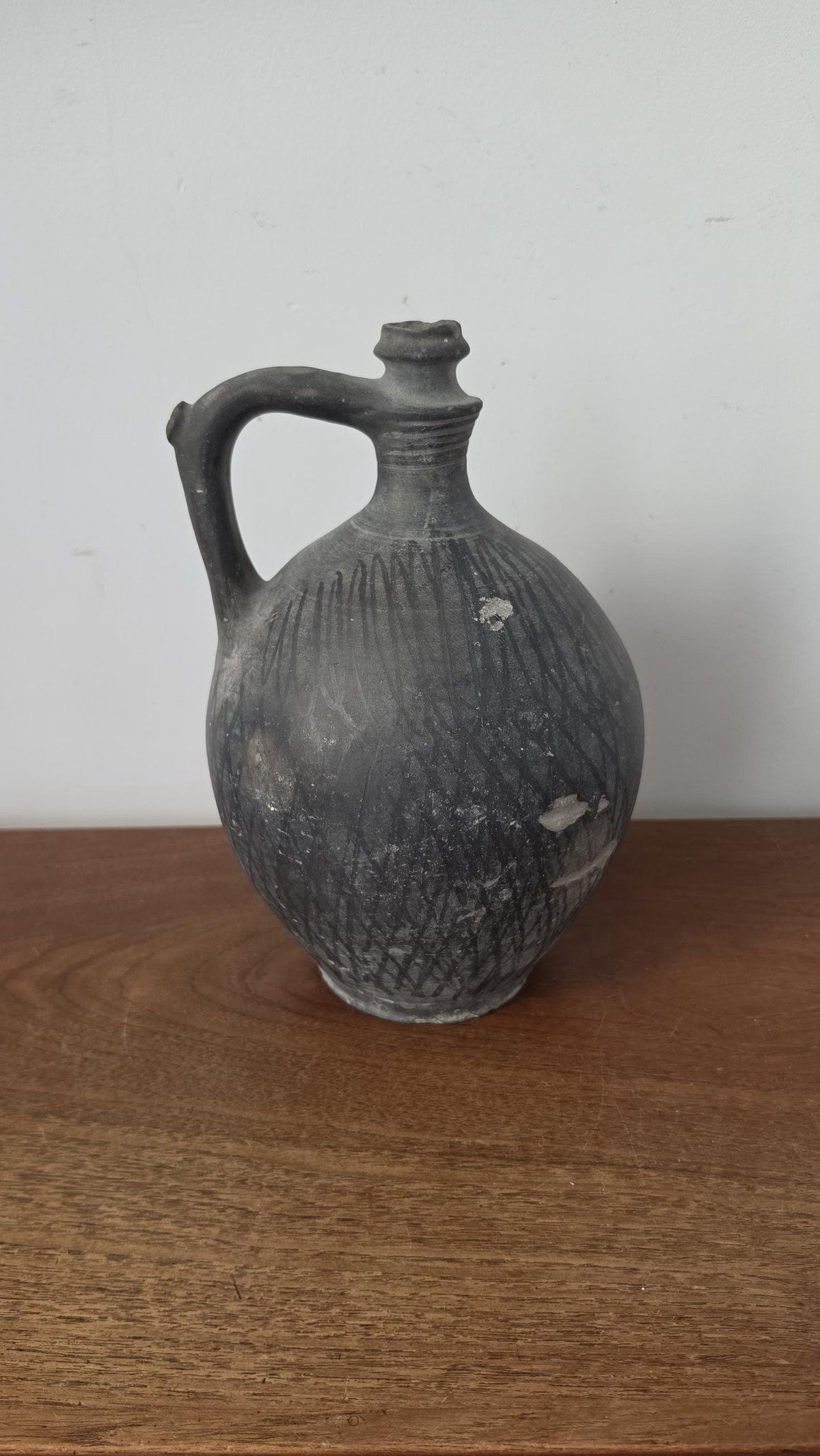 1930s Hungarian Black Pottery Jug Vase Hand Thrown Earthenware Vessel Rustic Folk Art Ceramic Pitcher Primitive Decor