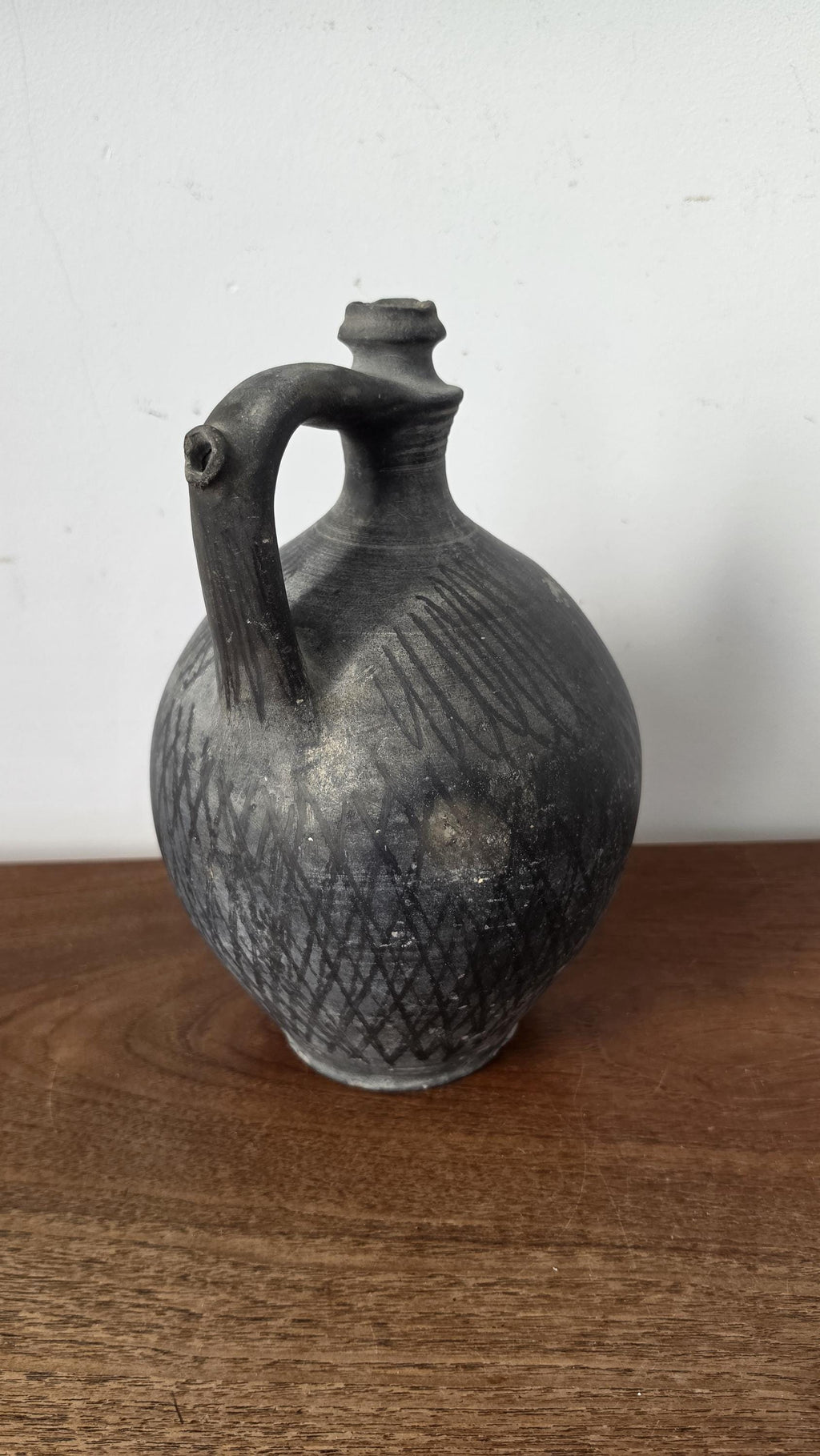 1930s Hungarian Black Pottery Jug Vase Hand Thrown Earthenware Vessel Rustic Folk Art Ceramic Pitcher Primitive Decor