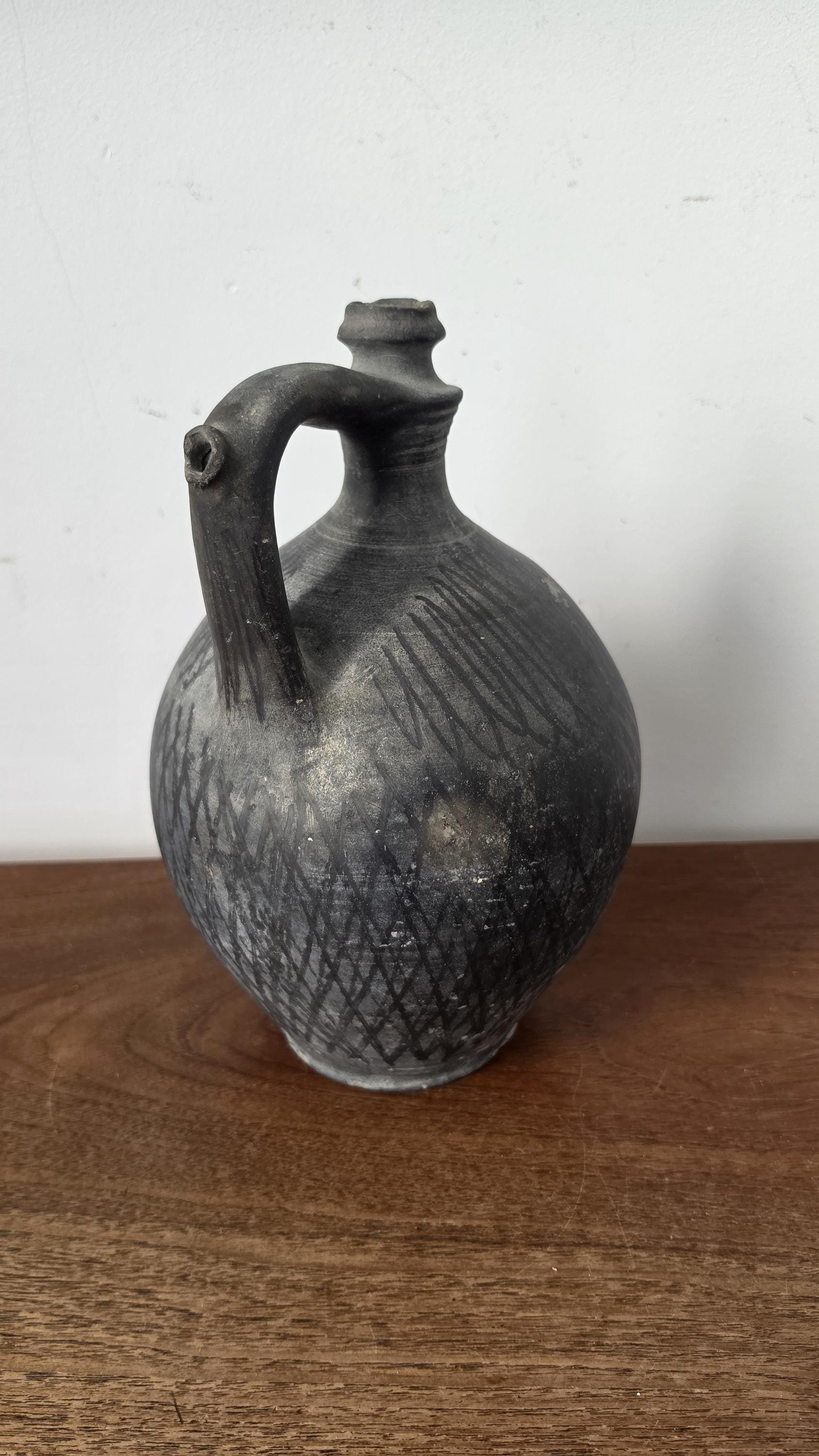 1930s Hungarian Black Pottery Jug Vase Hand Thrown Earthenware Vessel Rustic Folk Art Ceramic Pitcher Primitive Decor