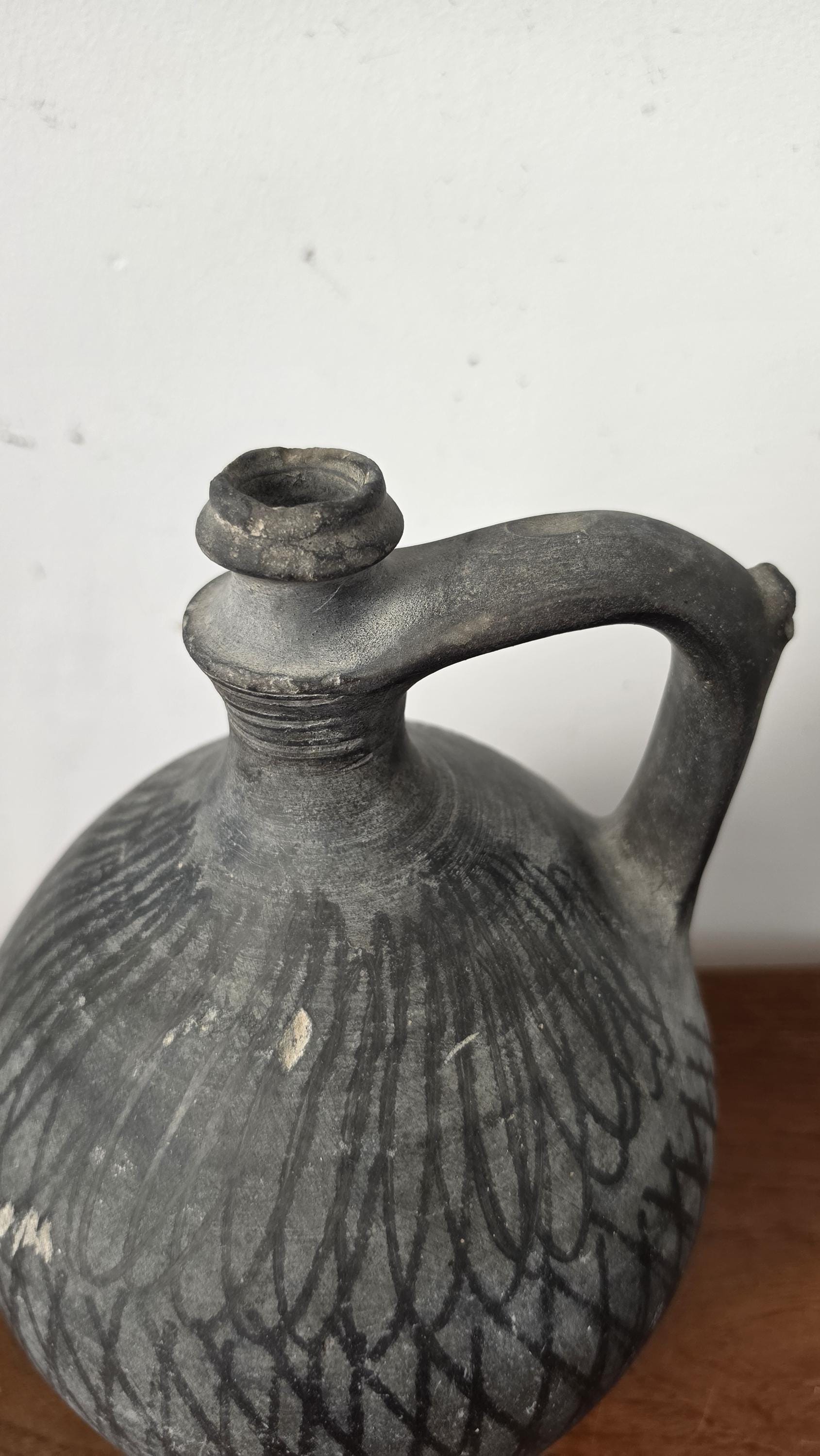 1930s Hungarian Black Pottery Jug Vase Hand Thrown Earthenware Vessel Rustic Folk Art Ceramic Pitcher Primitive Decor