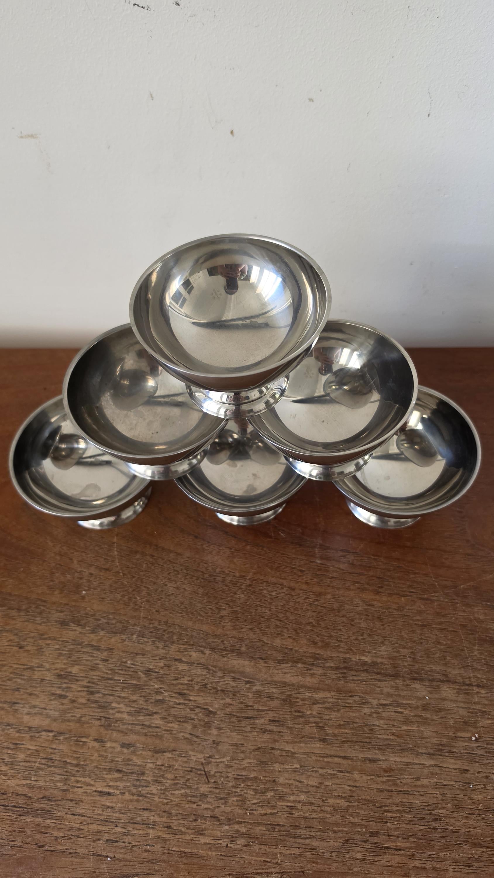 Vintage French Stainless Steel Dessert Coupes | Set of 6 Ice Cream Bowls | Mid Century Modern Tableware | 9x6 cm