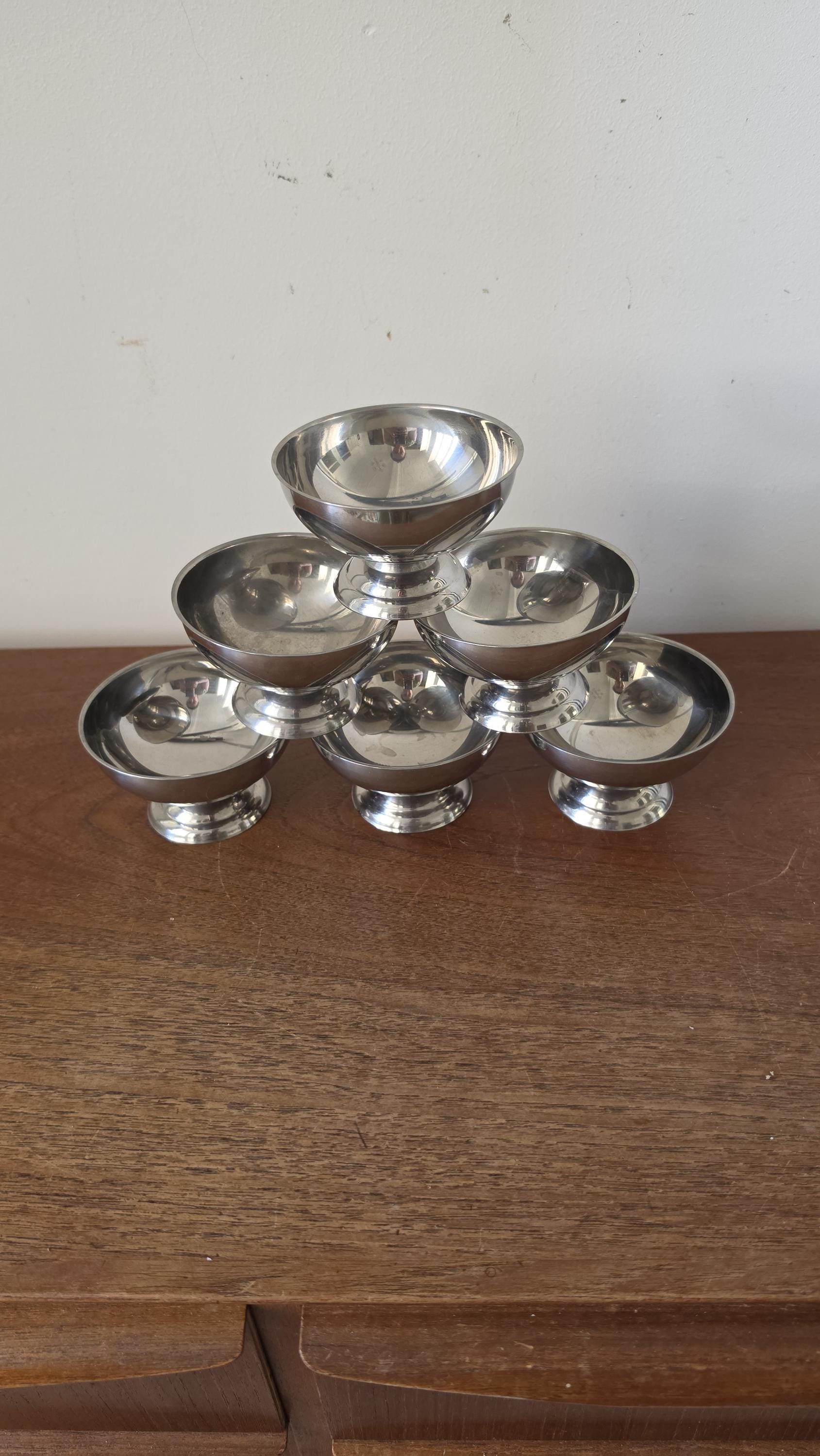 Vintage French Stainless Steel Dessert Coupes | Set of 6 Ice Cream Bowls | Mid Century Modern Tableware | 9x6 cm