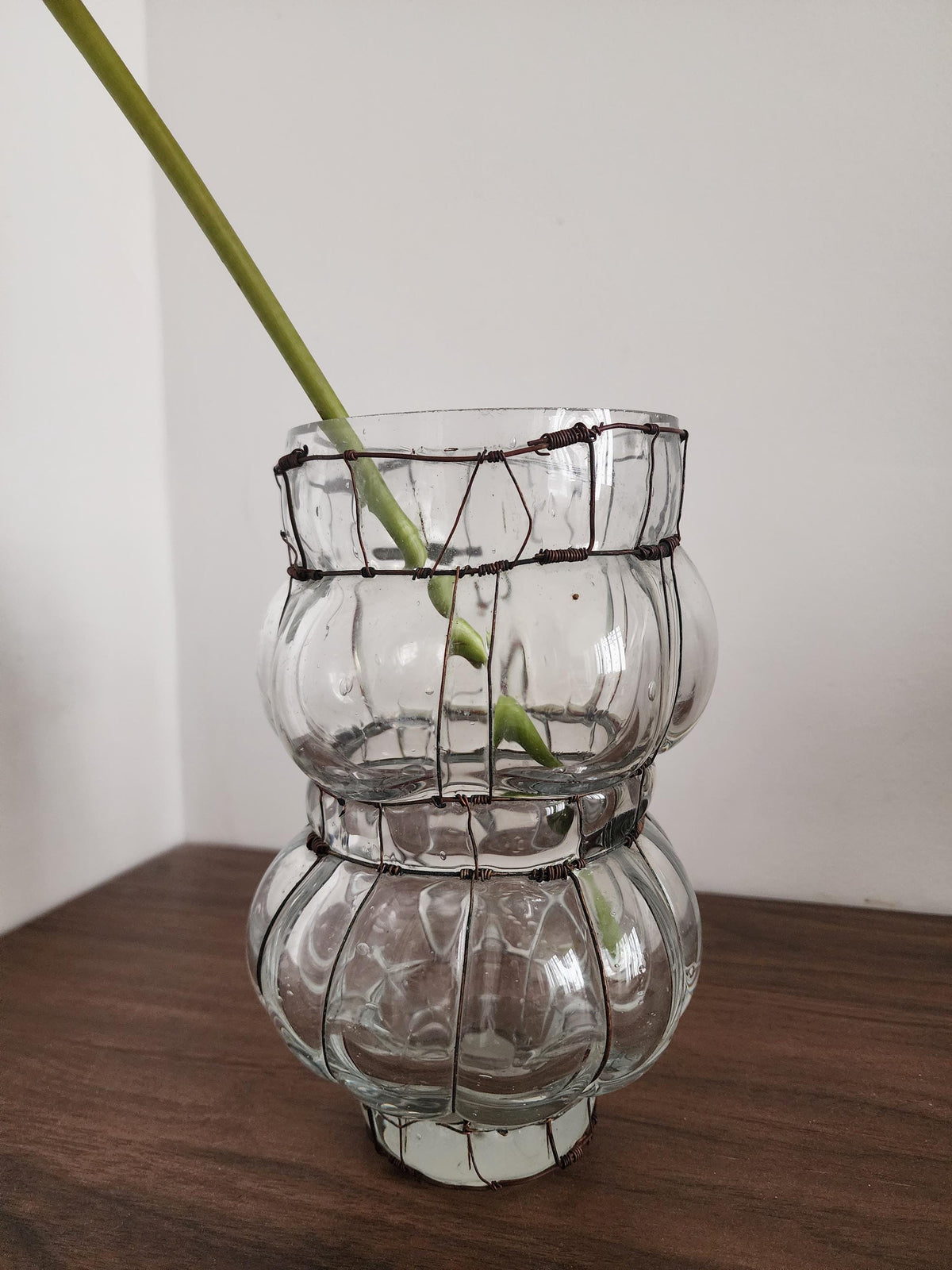 Hand Blown Glass Wire Sculpture, Vintage Clear Glass Vase, Ribbed Bubble Form, Rustic Wrapped Art Object, Decorative Accent Piece