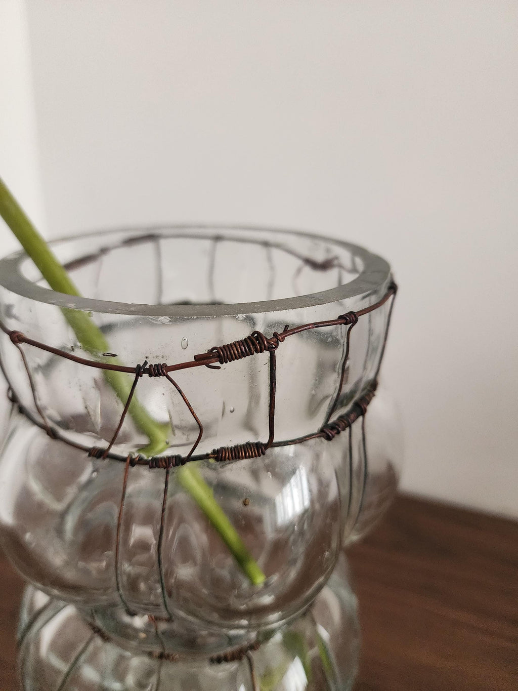 Hand Blown Glass Wire Sculpture, Vintage Clear Glass Vase, Ribbed Bubble Form, Rustic Wrapped Art Object, Decorative Accent Piece