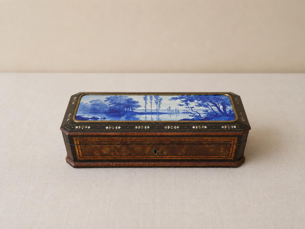 Antique Victorian Jewelry Box Blue Porcelain Landscape Inlay Mother of Pearl Marquetry Wood Trinket Casket