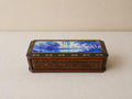 Antique Victorian Jewelry Box Blue Porcelain Landscape Inlay Mother of Pearl Marquetry Wood Trinket Casket