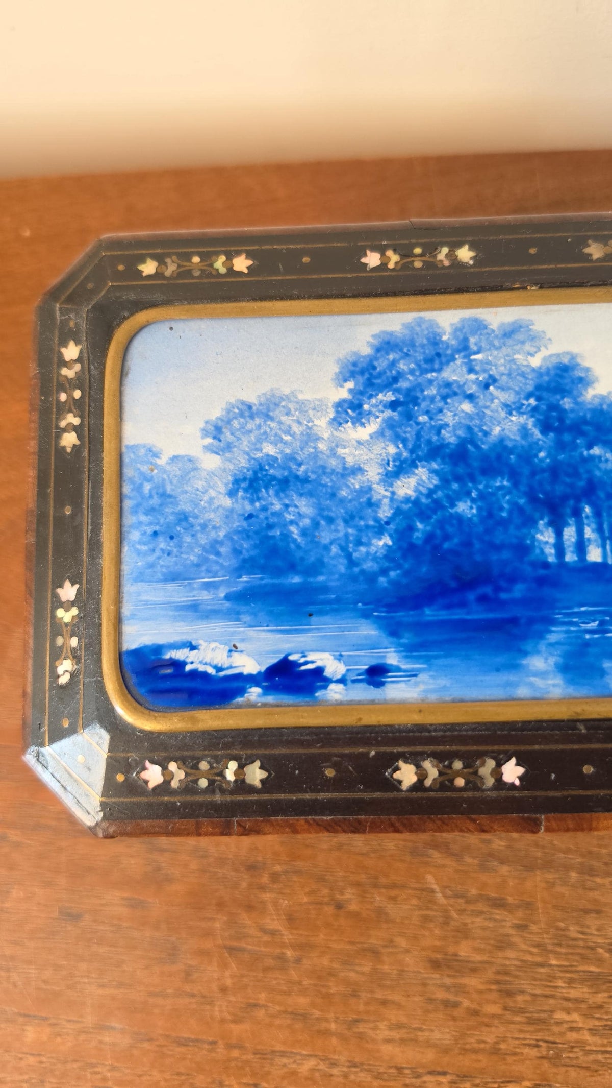 Antique Victorian Jewelry Box Blue Porcelain Landscape Inlay Mother of Pearl Marquetry Wood Trinket Casket