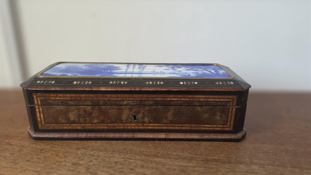Antique Victorian Jewelry Box Blue Porcelain Landscape Inlay Mother of Pearl Marquetry Wood Trinket Casket