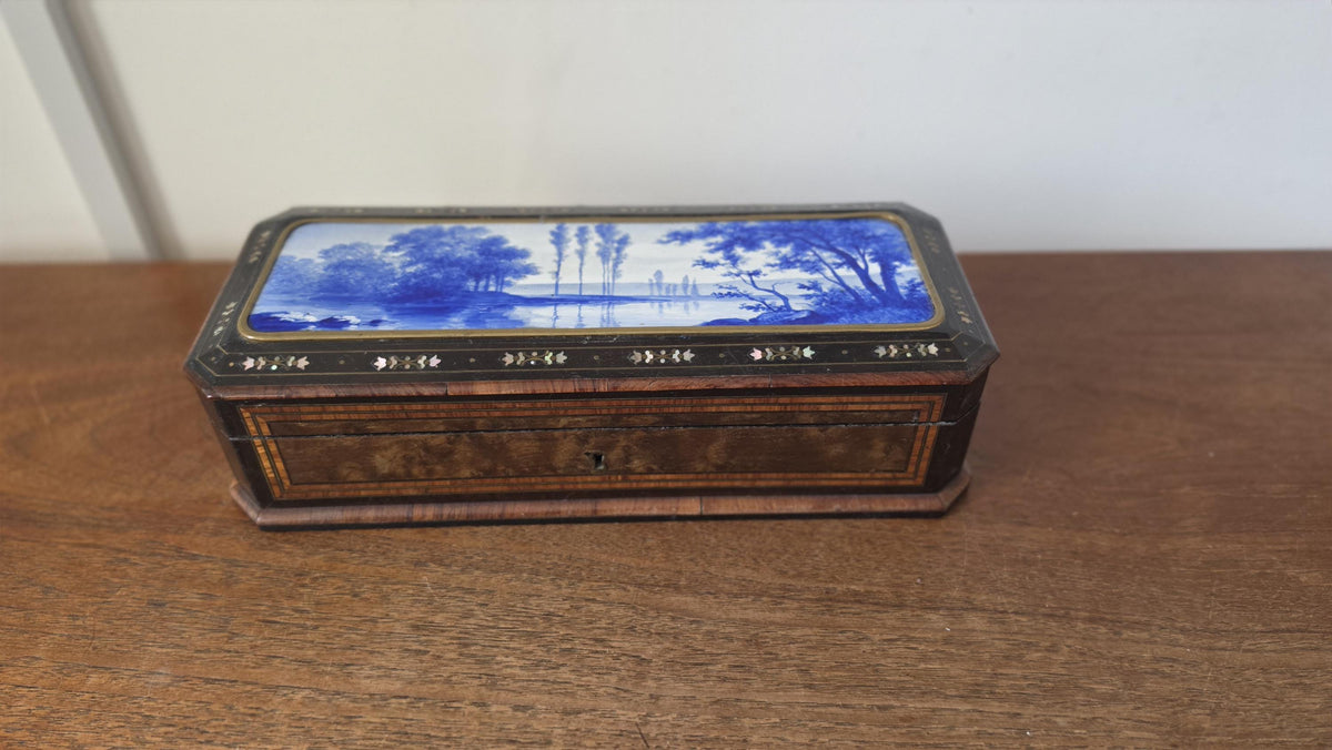 Antique Victorian Jewelry Box Blue Porcelain Landscape Inlay Mother of Pearl Marquetry Wood Trinket Casket