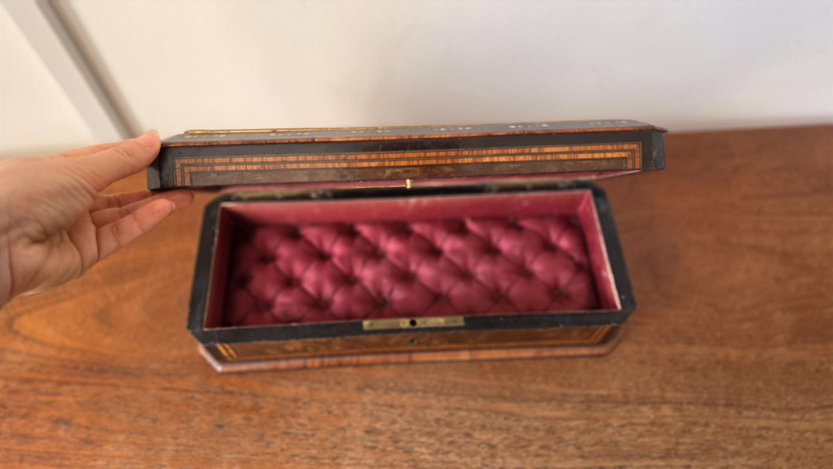 Antique Victorian Jewelry Box Blue Porcelain Landscape Inlay Mother of Pearl Marquetry Wood Trinket Casket