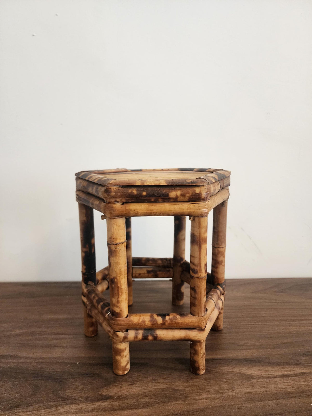 Vintage Tortoise Shell Bamboo Stool, Japanese Burnt Bamboo Riser, Wabi Sabi Display Stand, Organic Modern Boho Home Decor