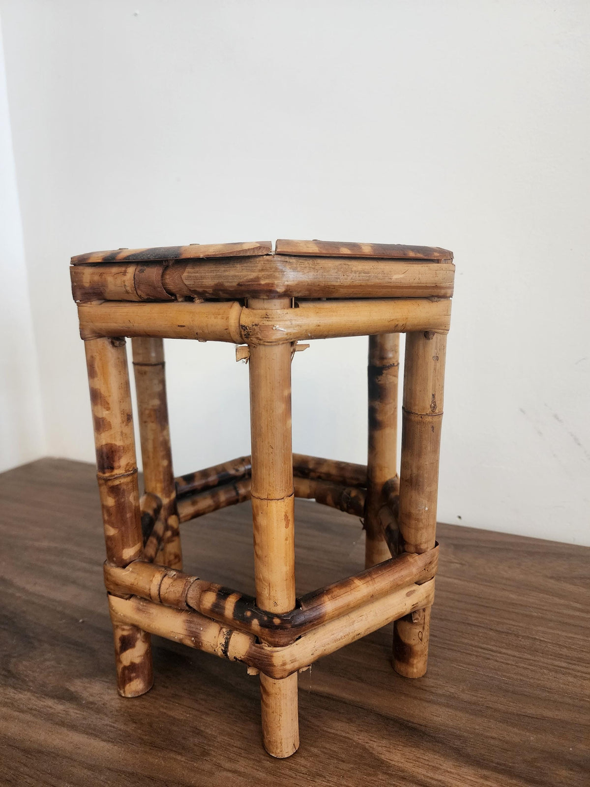 Vintage Tortoise Shell Bamboo Stool, Japanese Burnt Bamboo Riser, Wabi Sabi Display Stand, Organic Modern Boho Home Decor