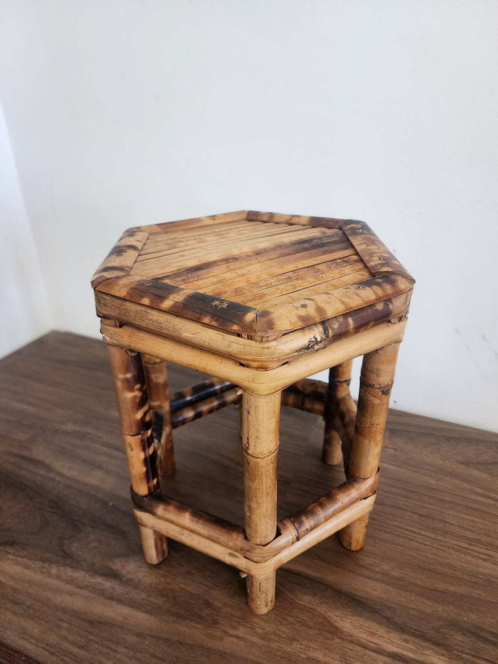 Vintage Tortoise Shell Bamboo Stool, Japanese Burnt Bamboo Riser, Wabi Sabi Display Stand, Organic Modern Boho Home Decor